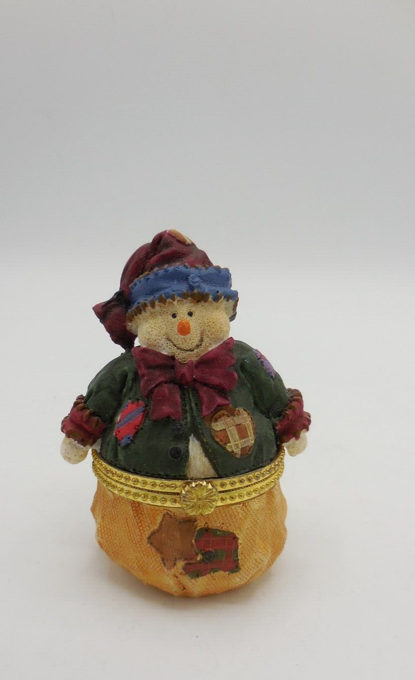Rustic Patchwork Snowman Hinged Trinket Box 3.5"
