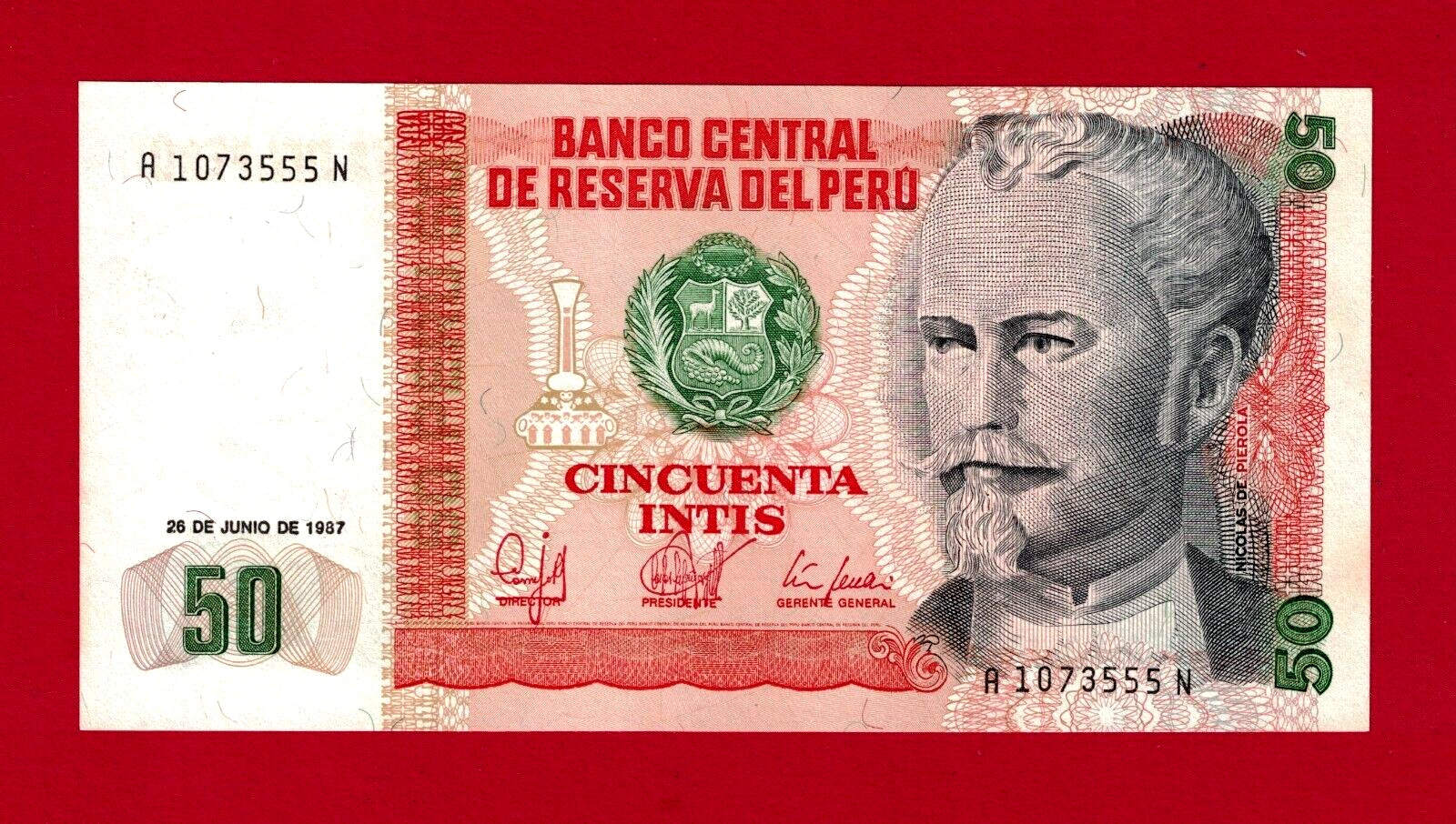 PERU 50 INTIS 1987 UNC NOTE Pref A, Suff N, Sign Ramírez, Mimbela & Quiñe P-131b