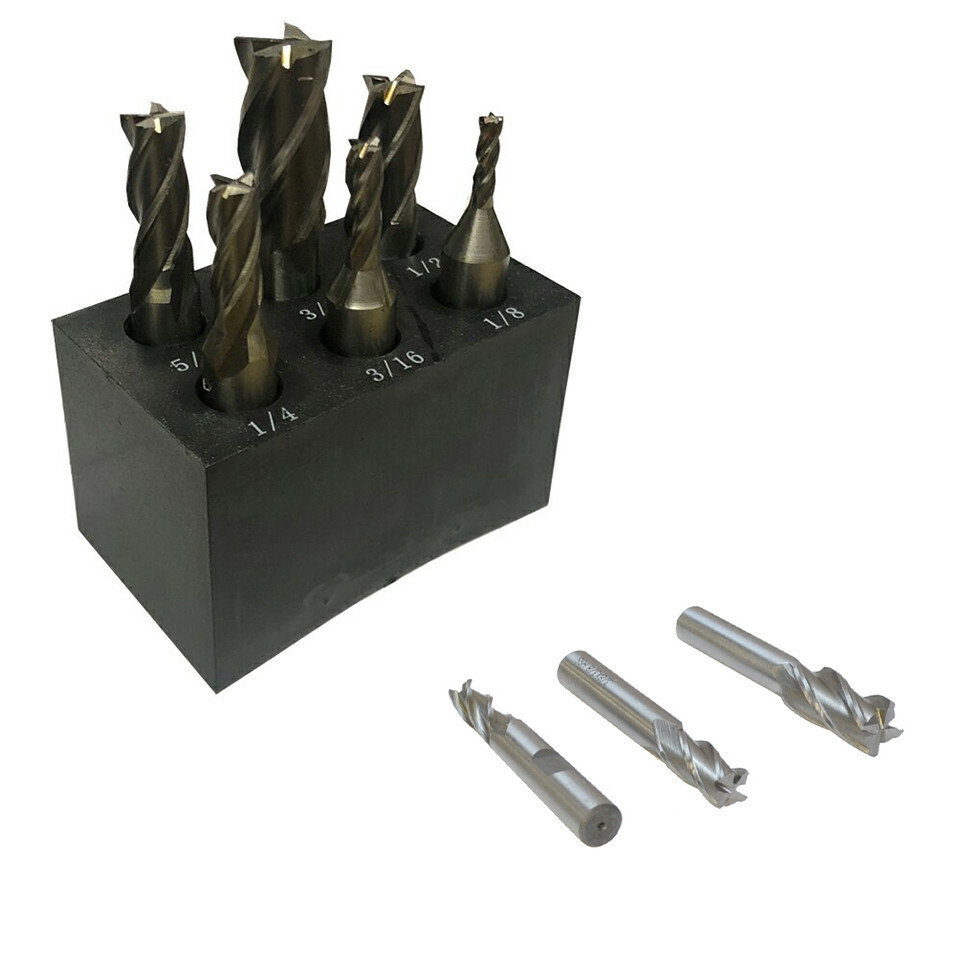 Set of 6 Pc HSS 4 Flute End Mill Center Cutting Right Hand 3/8" Shank