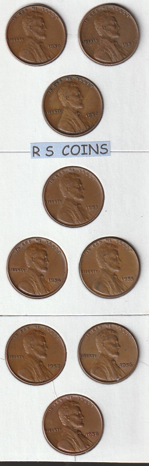 1950  1951  1952  1953  1954  1955  1956  1957  1958   VERY FINE  LINCOLN CENTS