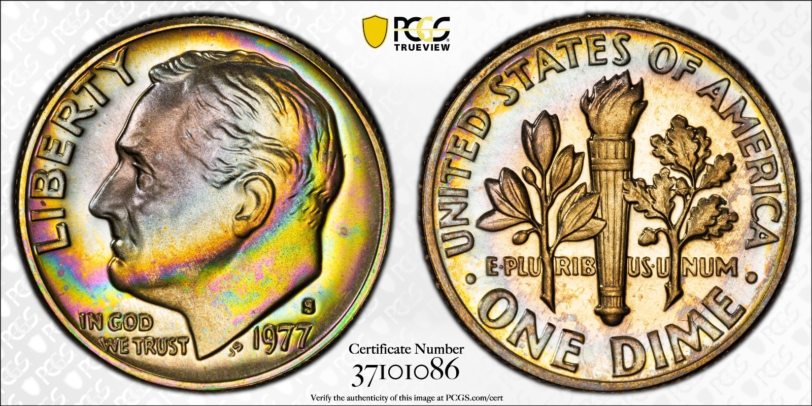 PR67 1977-S 10C Roosevelt Proof Dime, PCGS Trueview- Rainbow Album Toned