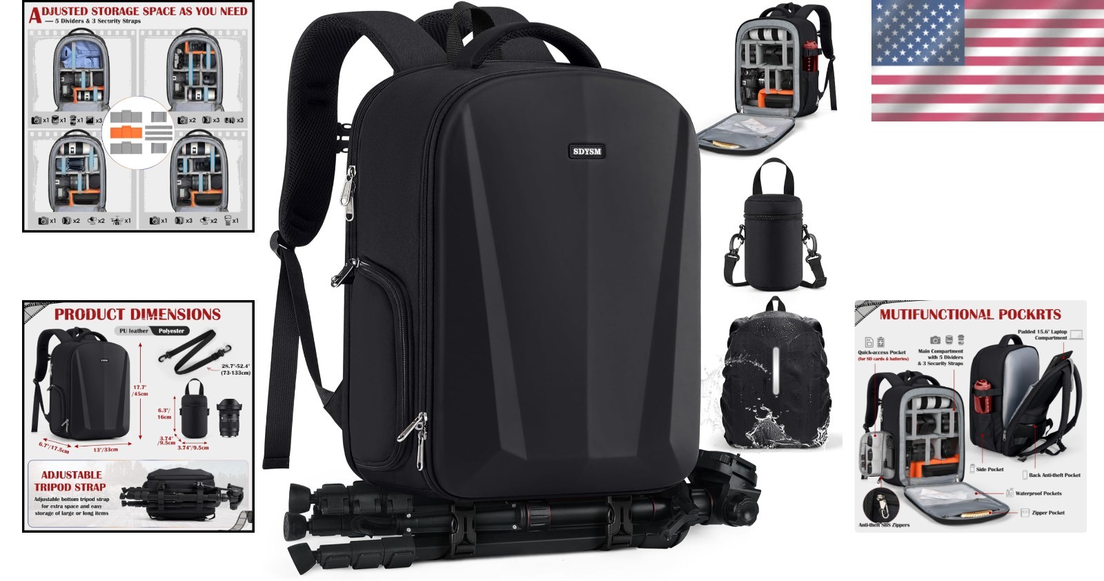 Professional Photography Backpack with Hardshell, Rain Cover & Storage Pockets