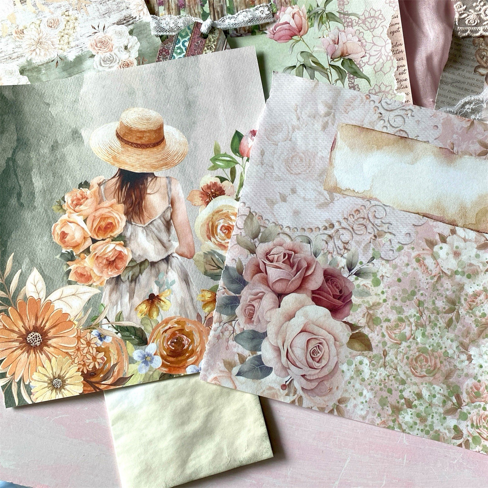 10pc Shabby Chic Handmade Junk Journal Making Kit Ephemera, Lace, Cards, Pockets