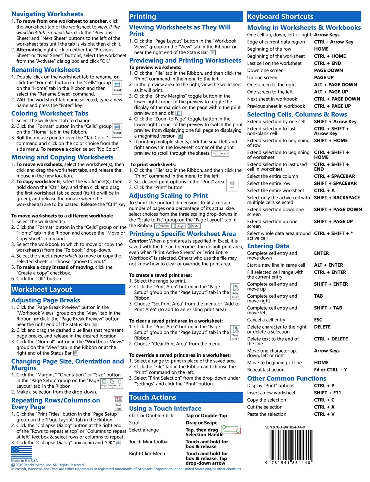 Excel 2019 Training Guide Quick Reference Card 4 Page Cheat Sheet Instructions