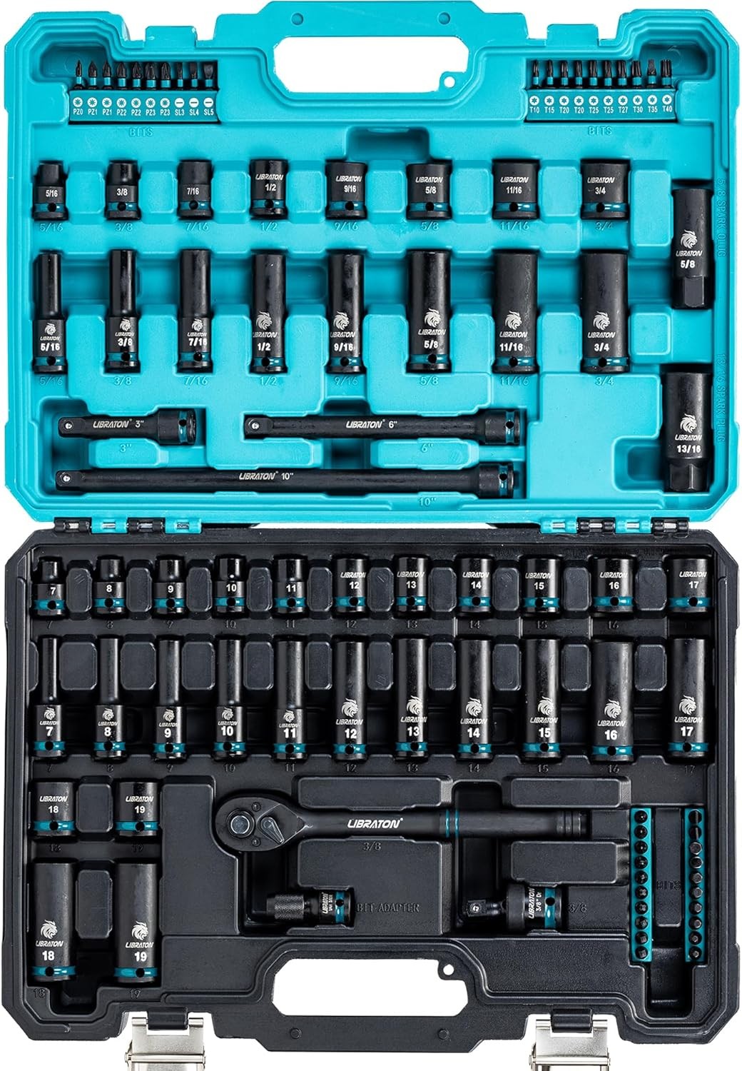 LIBRATON 3/8 Socket Set 90PCS, SAE(5/16-3/4") & Metric(7-19MM) Impact Socket Set