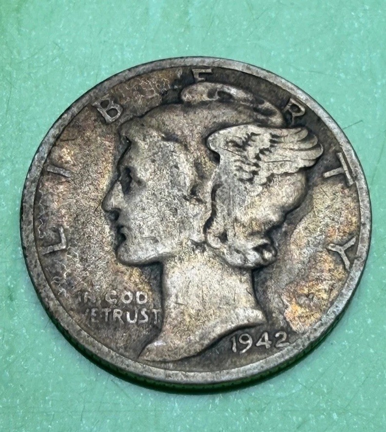 1942 P Silver Mercury Dime, Colorful Rainbow Album Toning--See Video