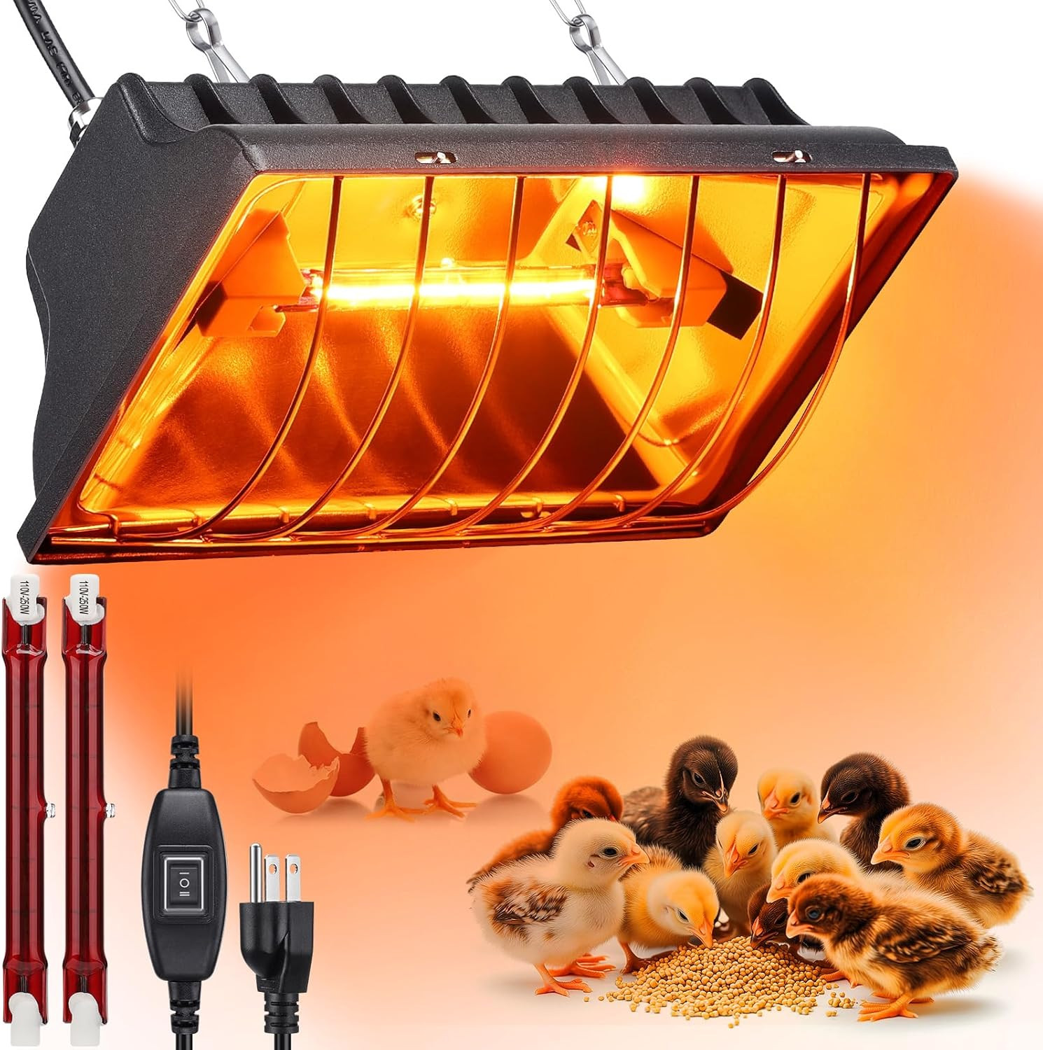 250W Chicken Brooder Heater for Chicks Ducks, Brooder Heater with 2PCS Heat Lamp