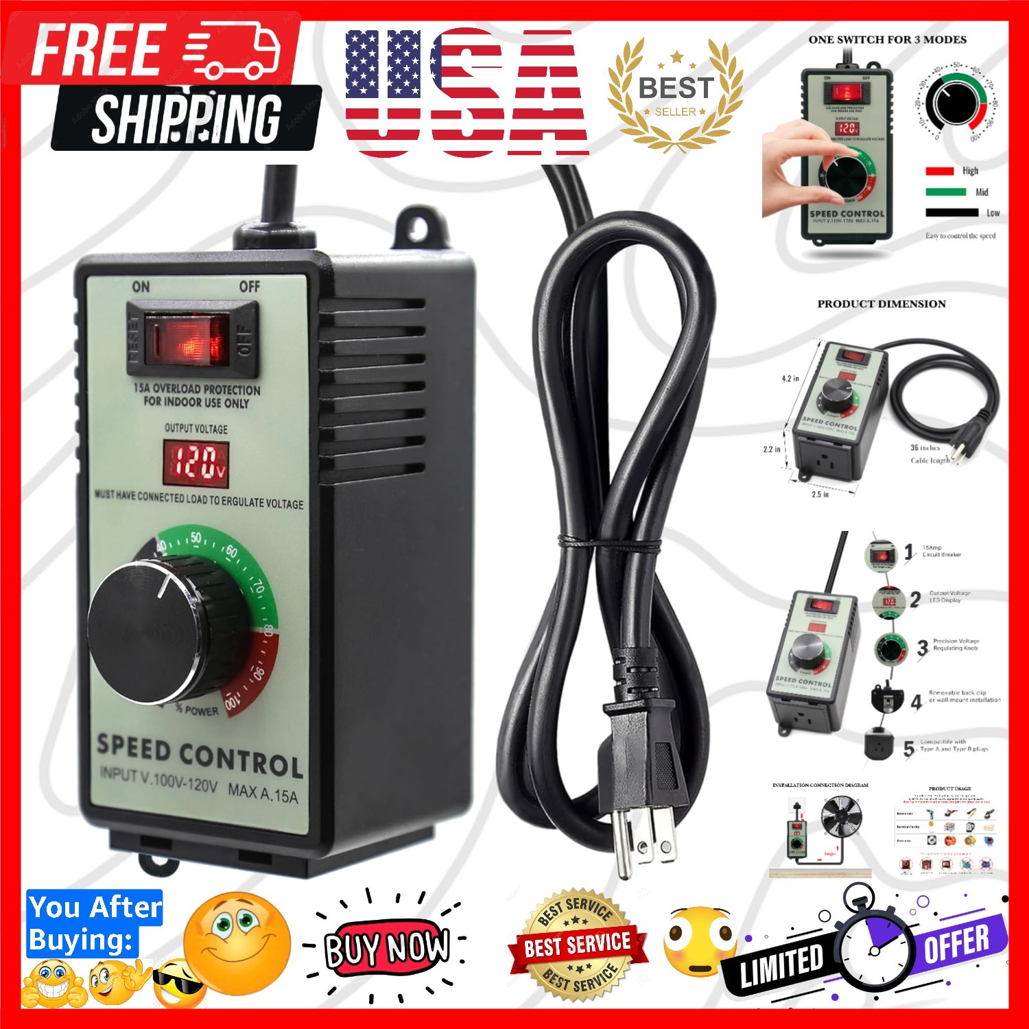 AC Motor Variable Speed Controller 120V 15A 4000W with Overload Protection Sw...