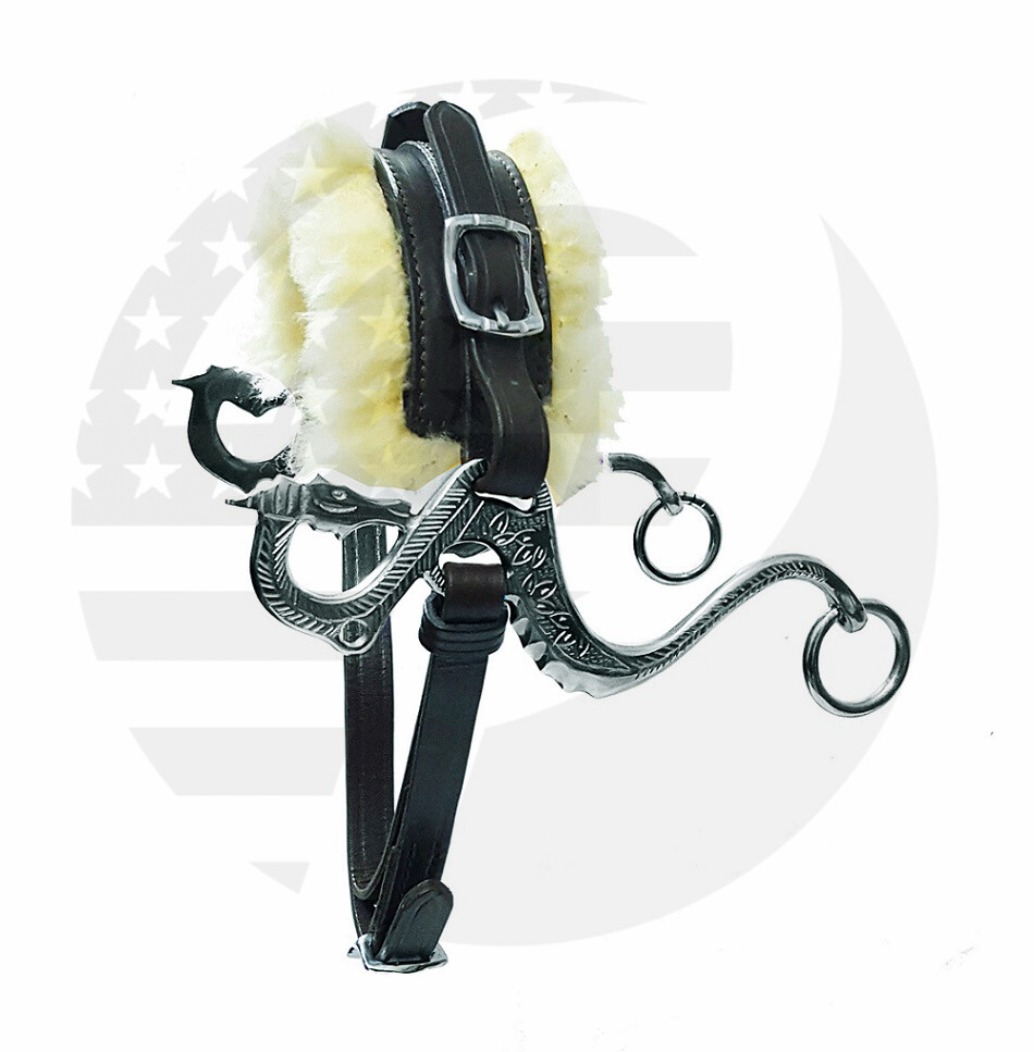 DRAGON Hackamore Bitless Horse Bit English Western Leather ( BLACK ) Genuine Fur