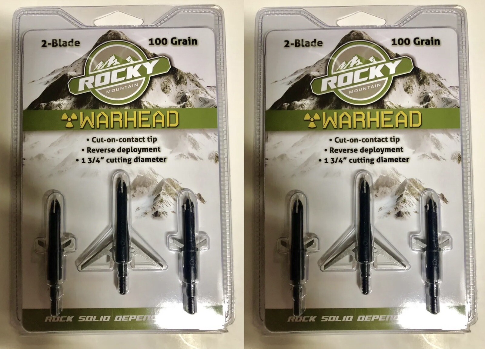 (2 Pack) Rocky Mountain Warhead Mechanical Broadhead 100 Grain 1-3/4" Cut