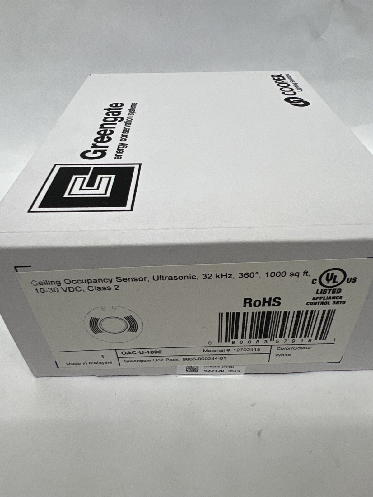 COOPER GREENGATE OAC-U-1000 CEILING OCCUPANCY SENSOR ULTRASONIC 360 DEGREE, WHIT