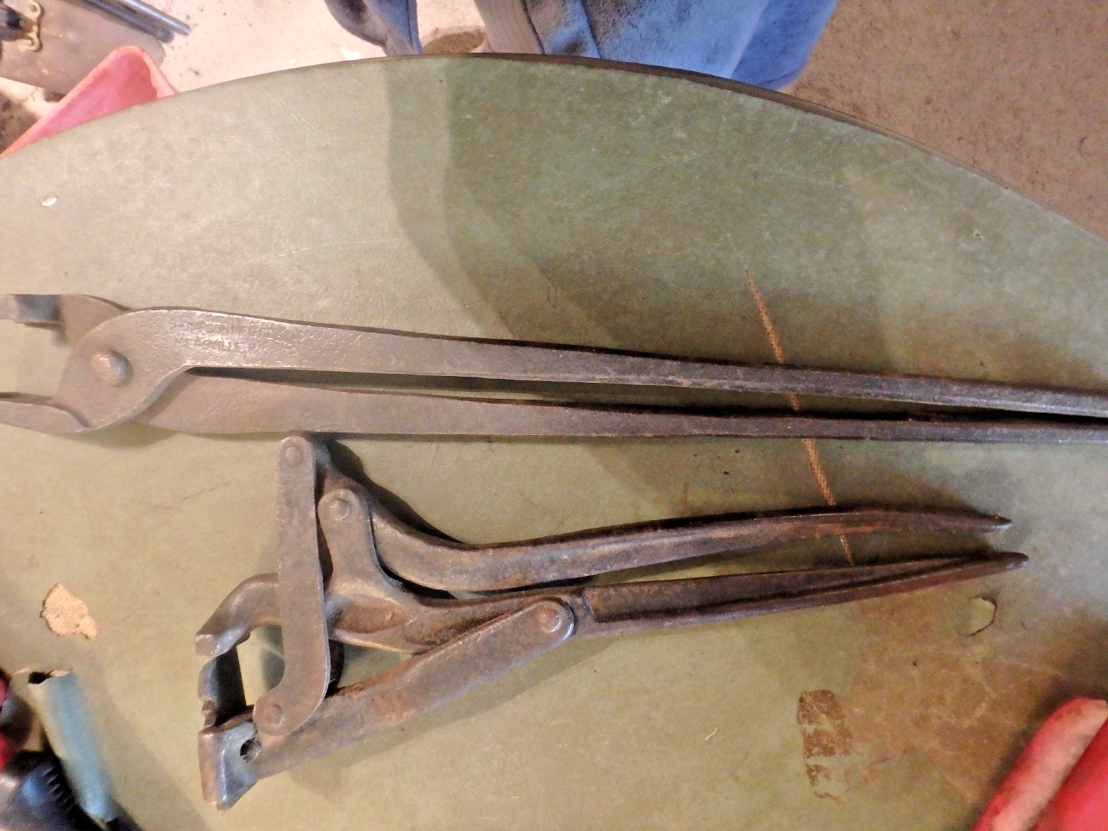 4G -pair of vintage BLACKSMITH ?? tools- 17" u bolt tongs THOMPSON Leadville pA