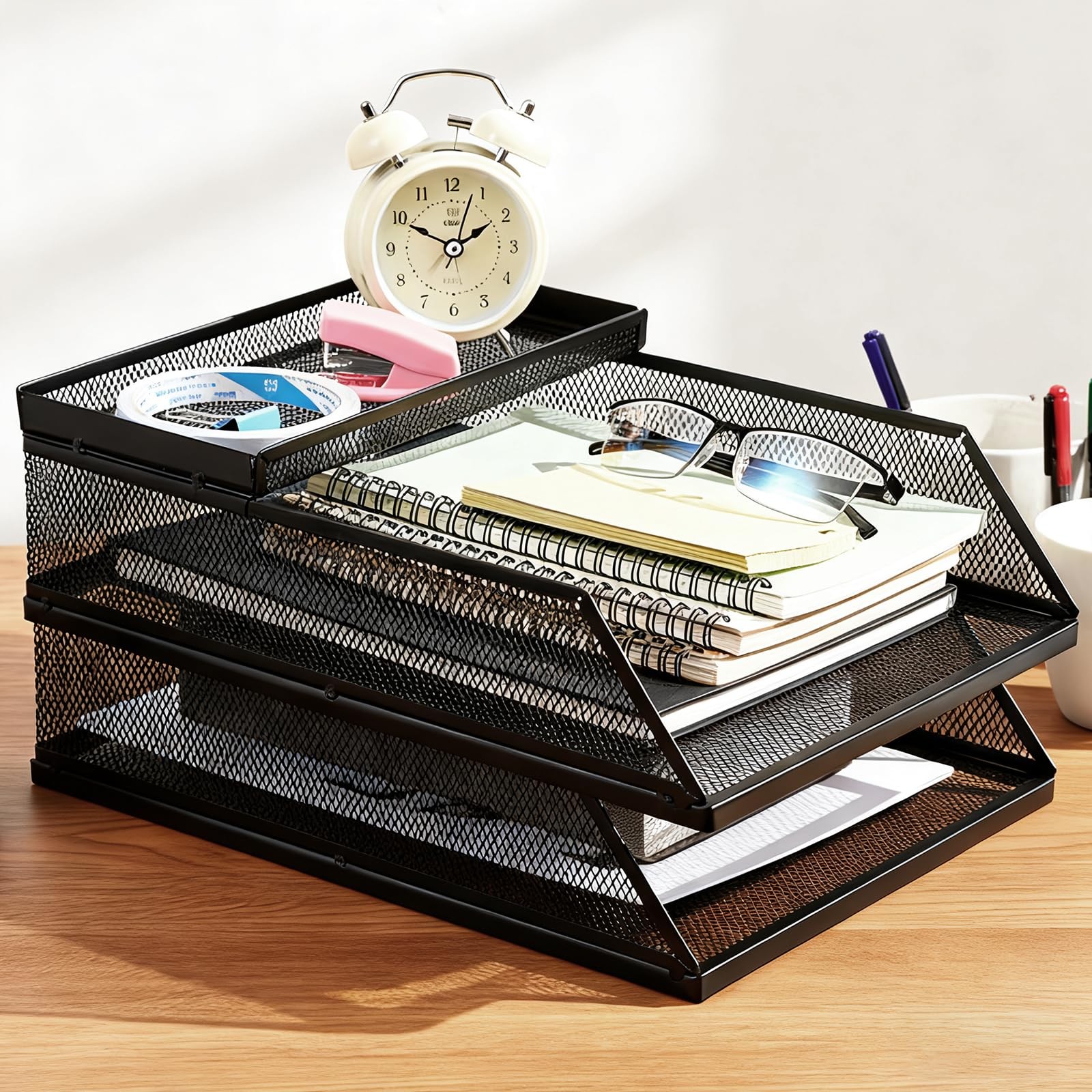 Black 2Tier Stackable Paper Tray Organizer Metal Mesh Desktop File Sorter