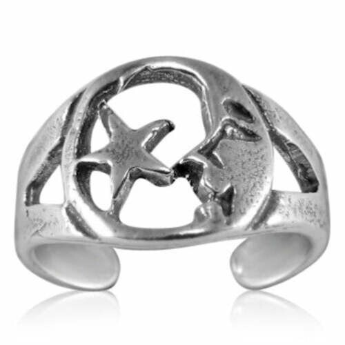 Man in the Moon Star Toe Ring Genuine Solid Sterling Silver 925 Size Adjustable