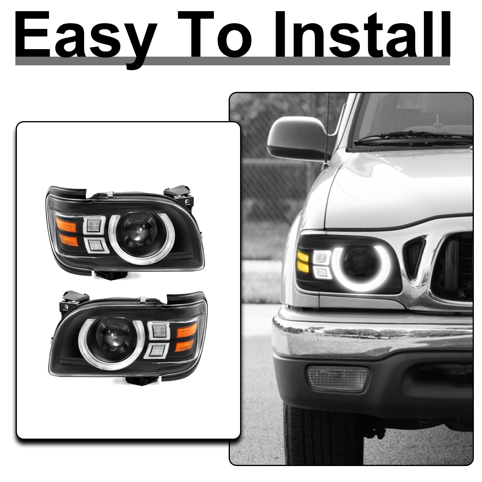 LED DRL Turn Signal Headlights For 2001-2004 Toyota Tacoma Halogen Projector L+R
