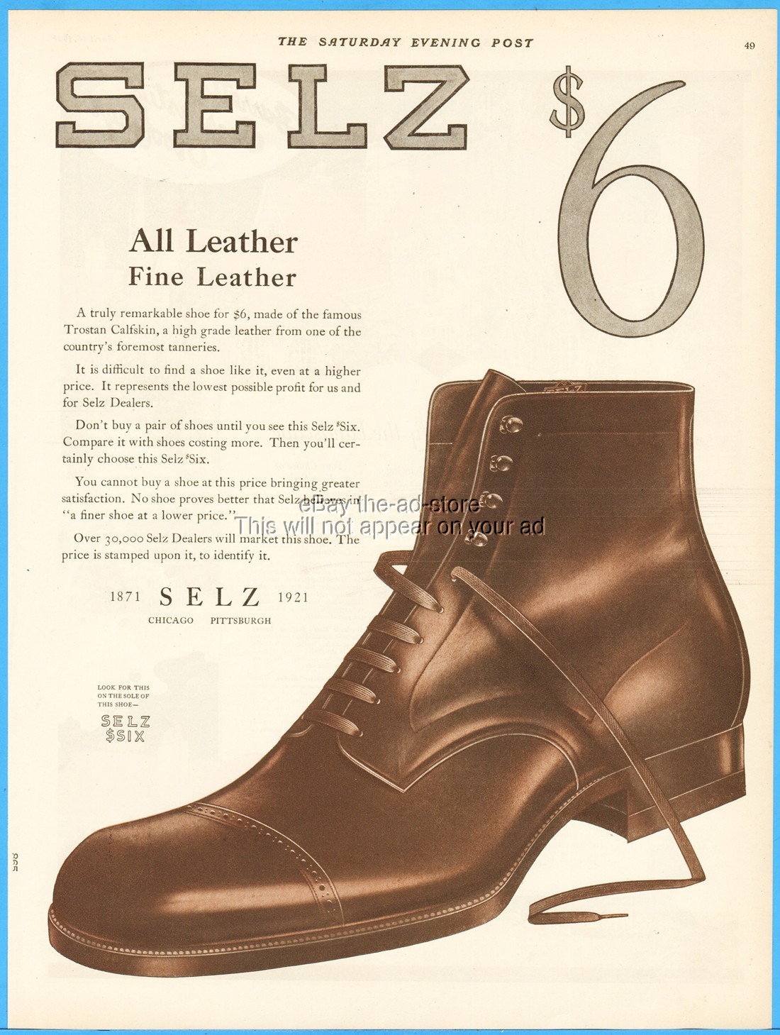 1921 Selz Trostan Calfskin Leather Shoes Chicago Pittsburgh PA Vintage 1920's Ad