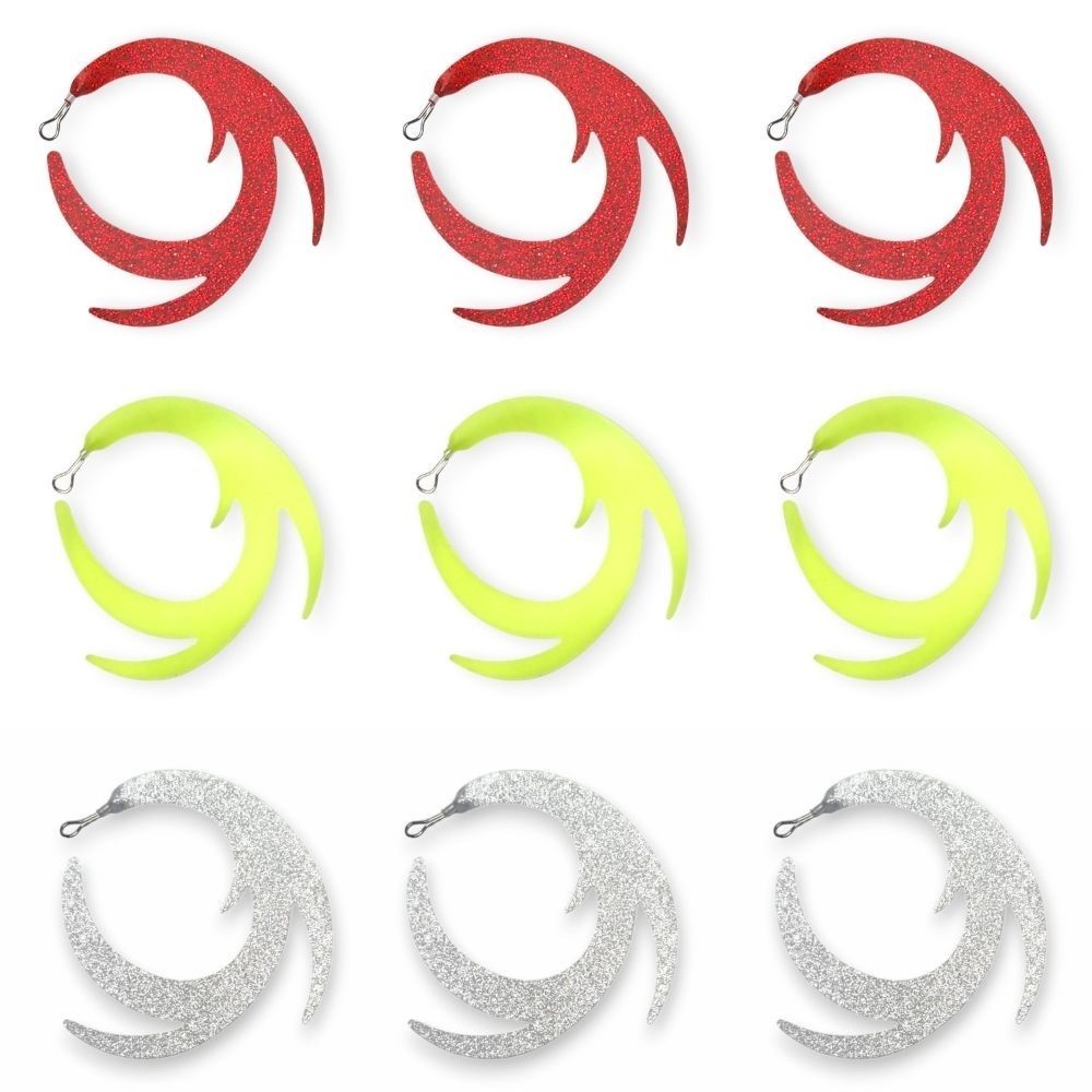 Dragon Wiggle Lure Tails 65mm 3pcs – Chartreuse, Red, Silver + Fast-Attach Clip