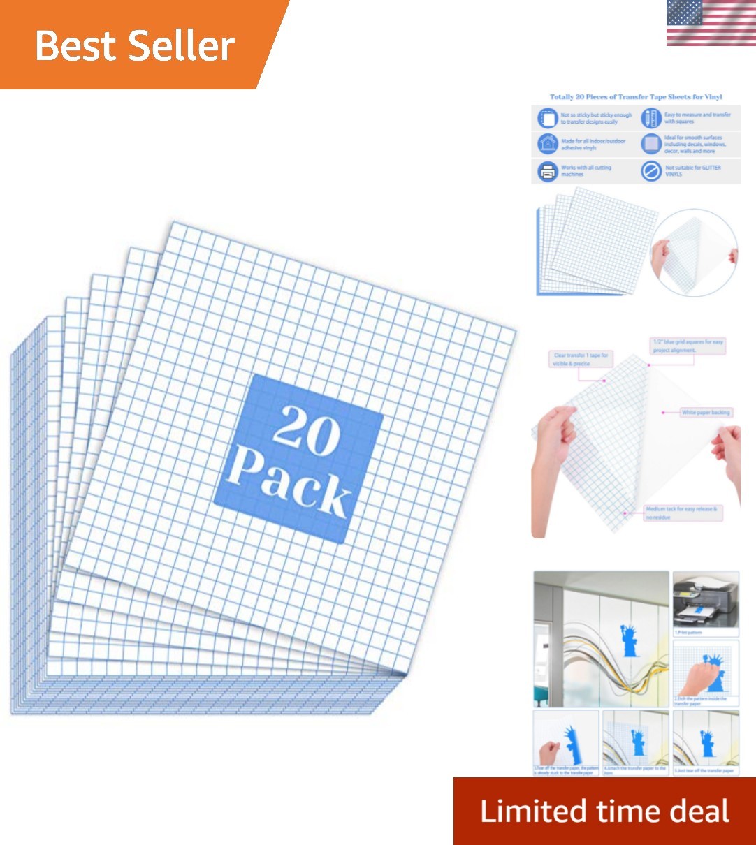 12x12 Clear Contact Paper with Grid Lines - Easy Release & No Residue, 20 Sheets