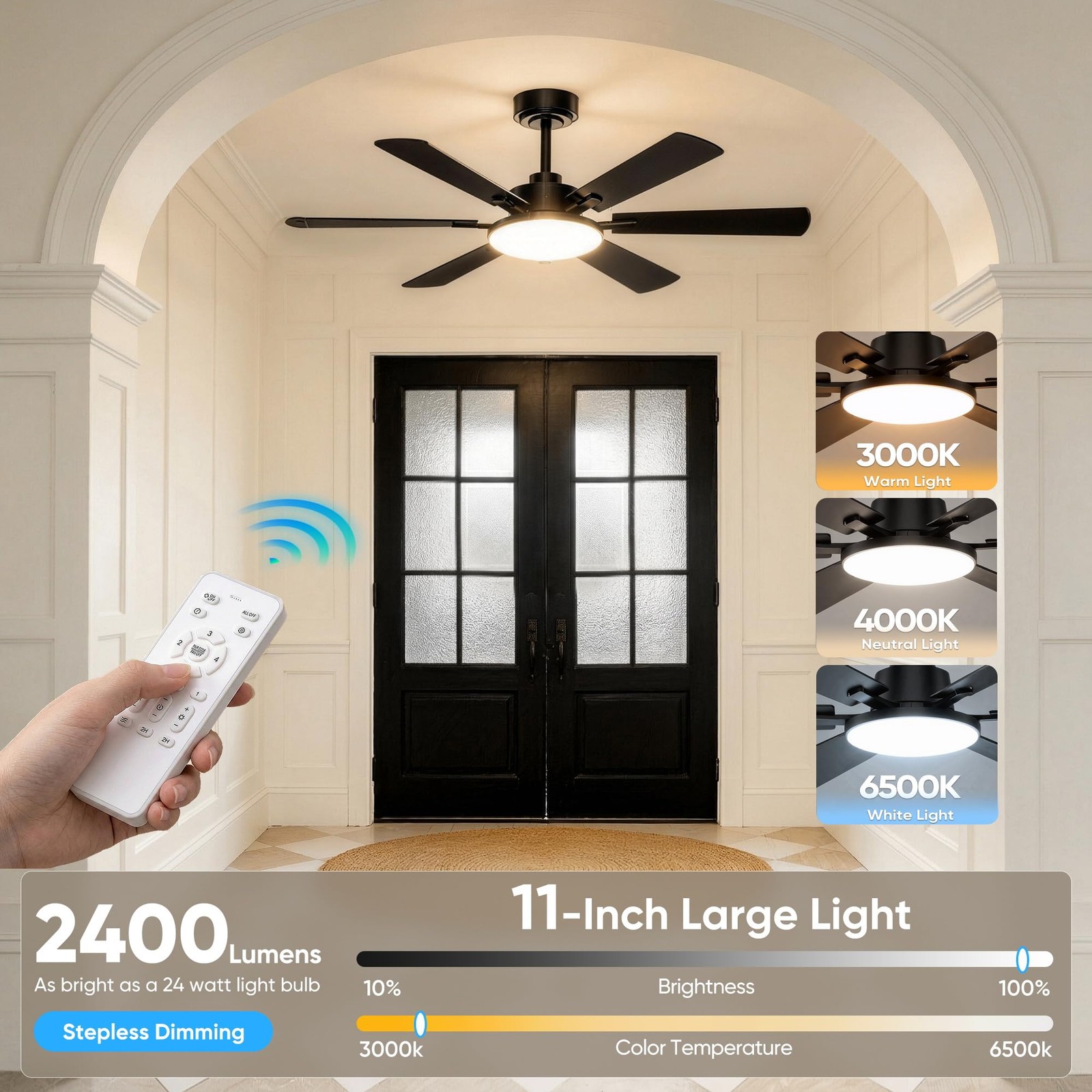 Ceiling Fans W/ Lights 6 Blade Remote Reversible DC Motor 3CCT Dimmable LED 52"