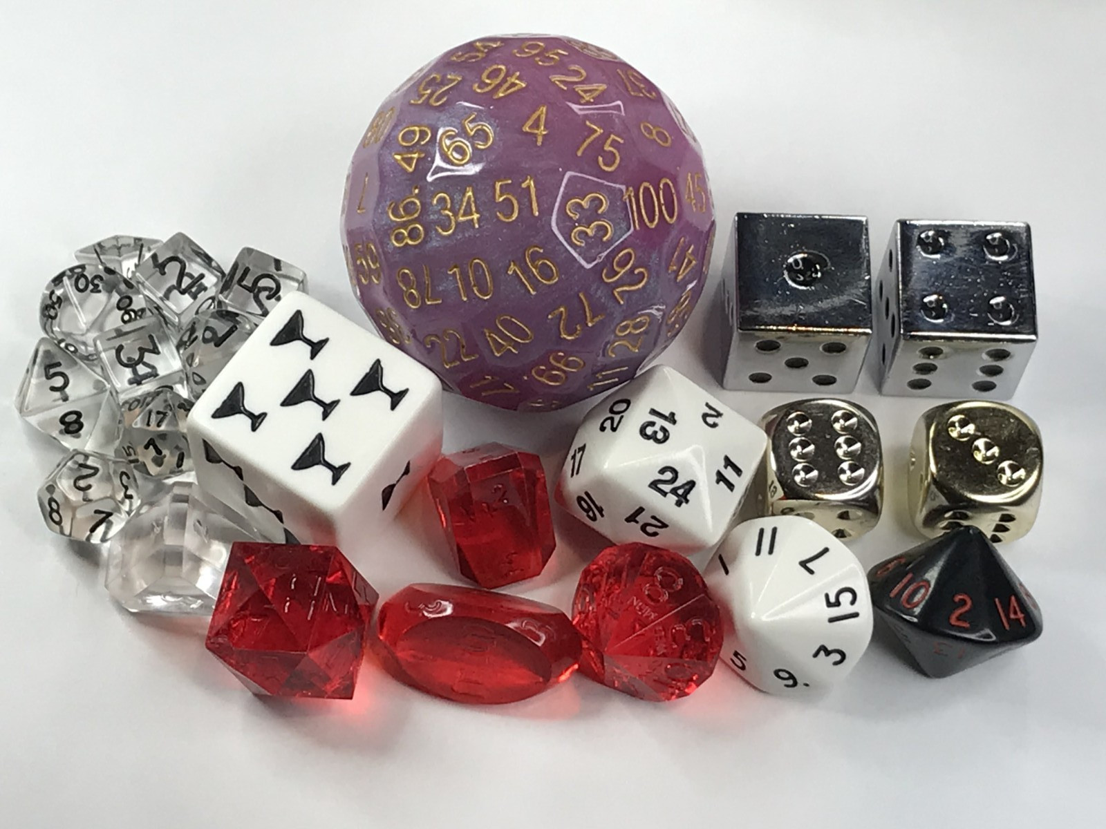 Fun Dice lot - d100 d24 d16 d14 d5 d3 Drinking Game - Gamescience