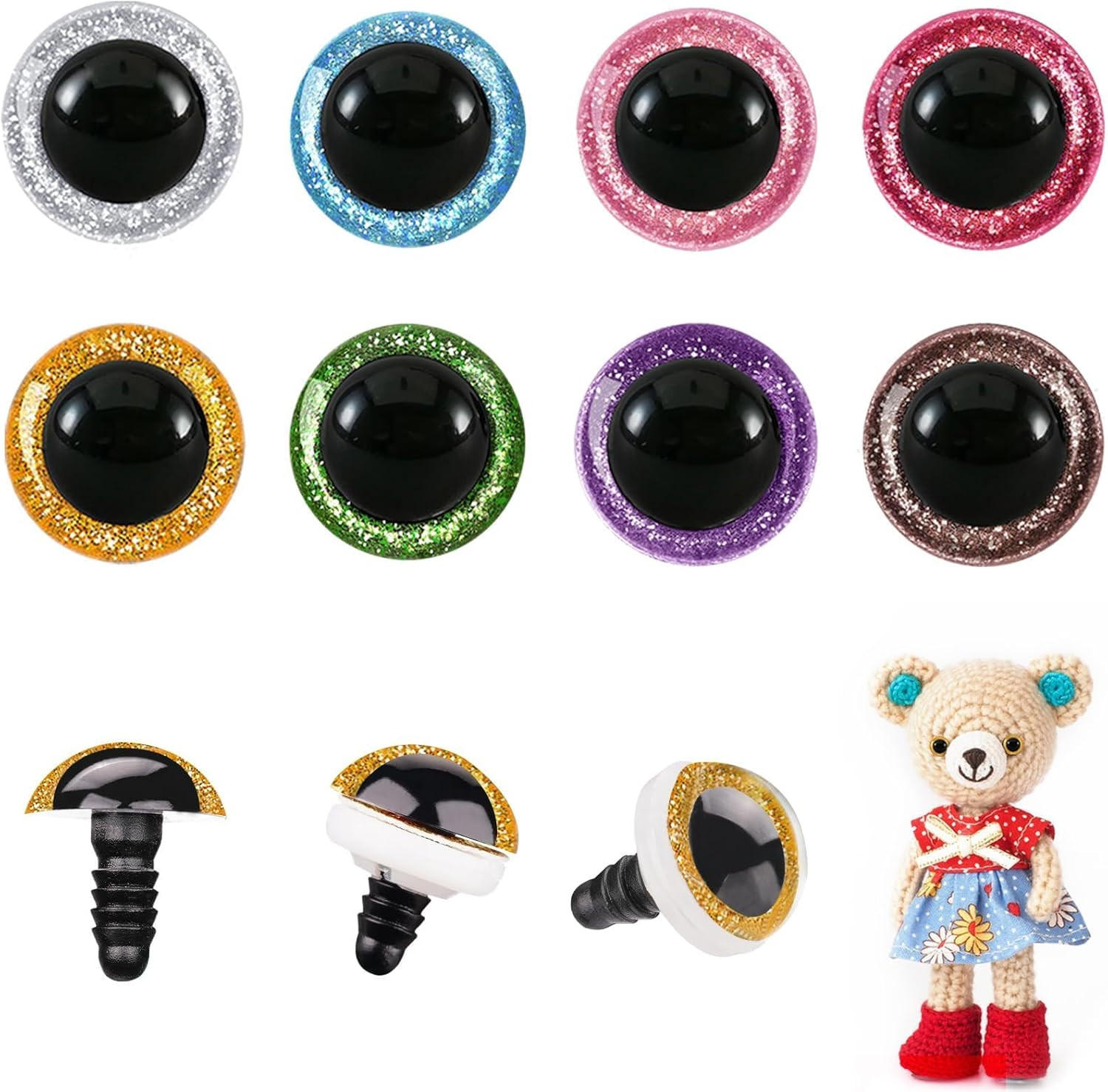 120pcs 16mm Safety Eyes for Amigurumi Glitter Plastic Safety Eyes for Crochet wi