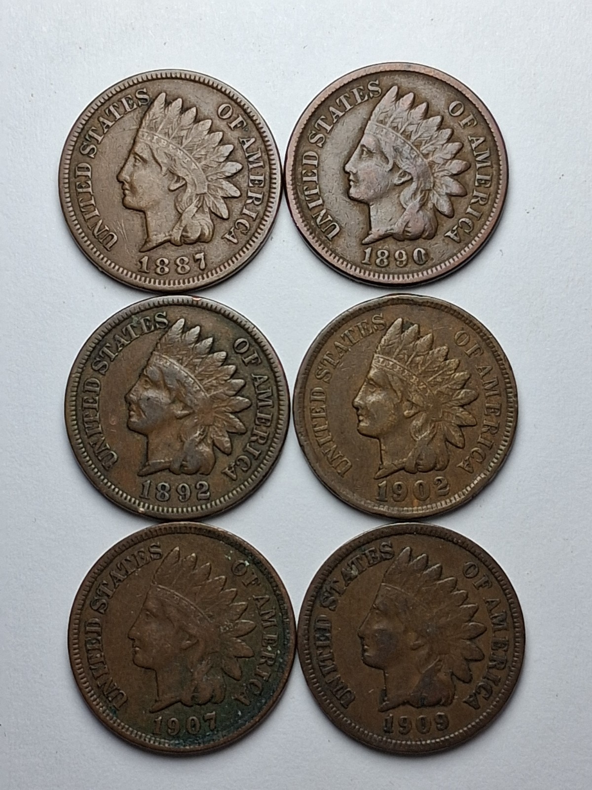 6 US Indian Head One Cent Pennies, 1887, 1890, 1892, 1902, 1907, 1909 (VF+)
