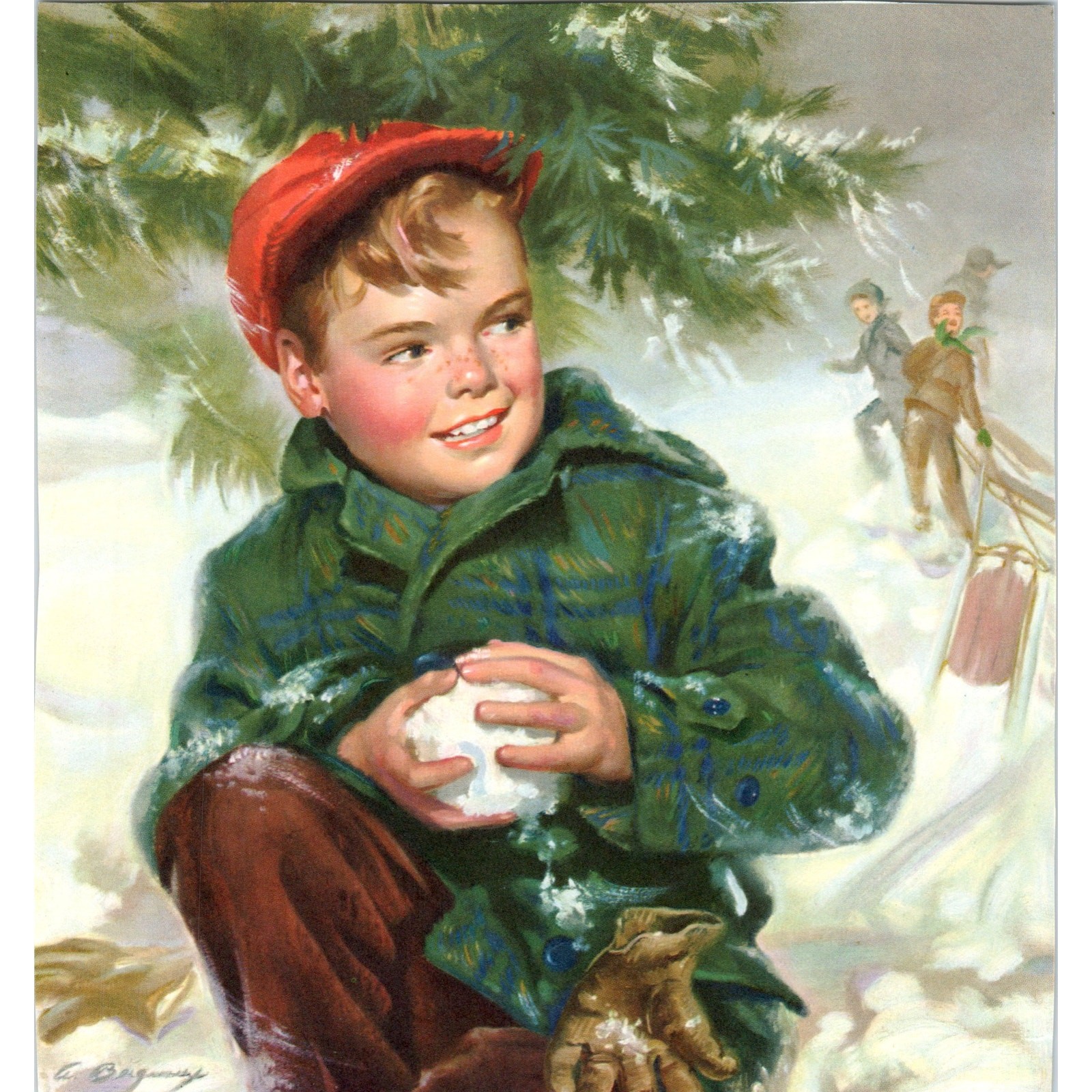 1950s Childhood Days Ariane Beigneux Boy with Snowball Vintage Print 8x7" D10