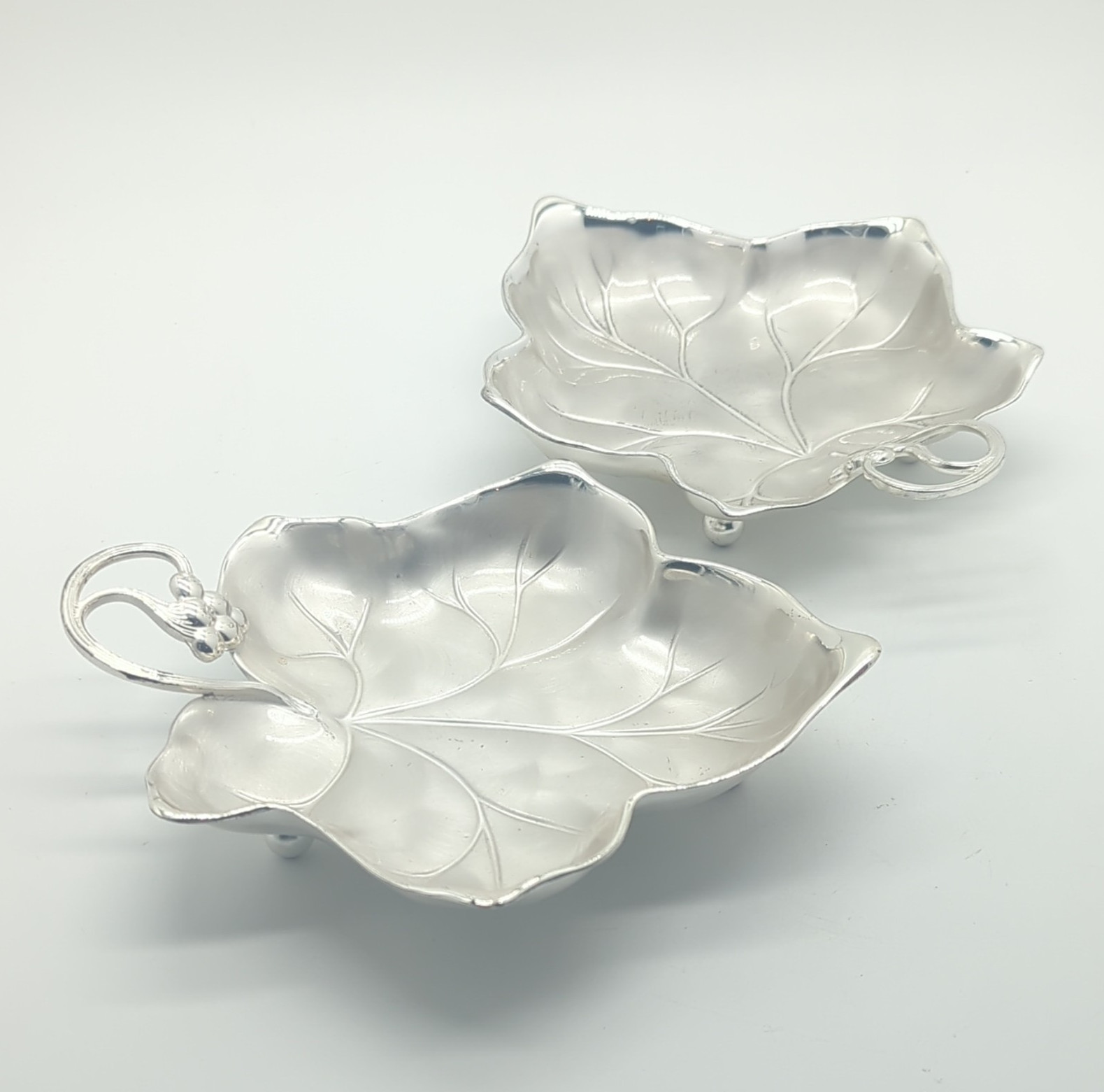 Silver Plate Leaf Shaped Small Dishes/Coasters with Handles Set of 2
