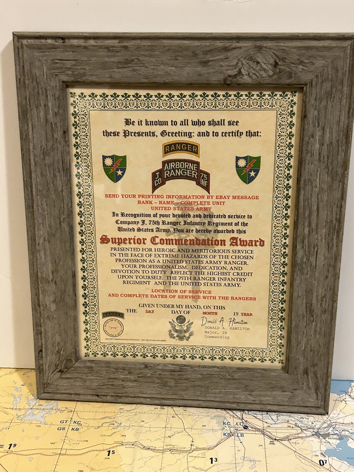 U.S. ARMY - 75TH RANGER / J CO - SUPERIOR COMMENDATION AWARD CERTIFICATE