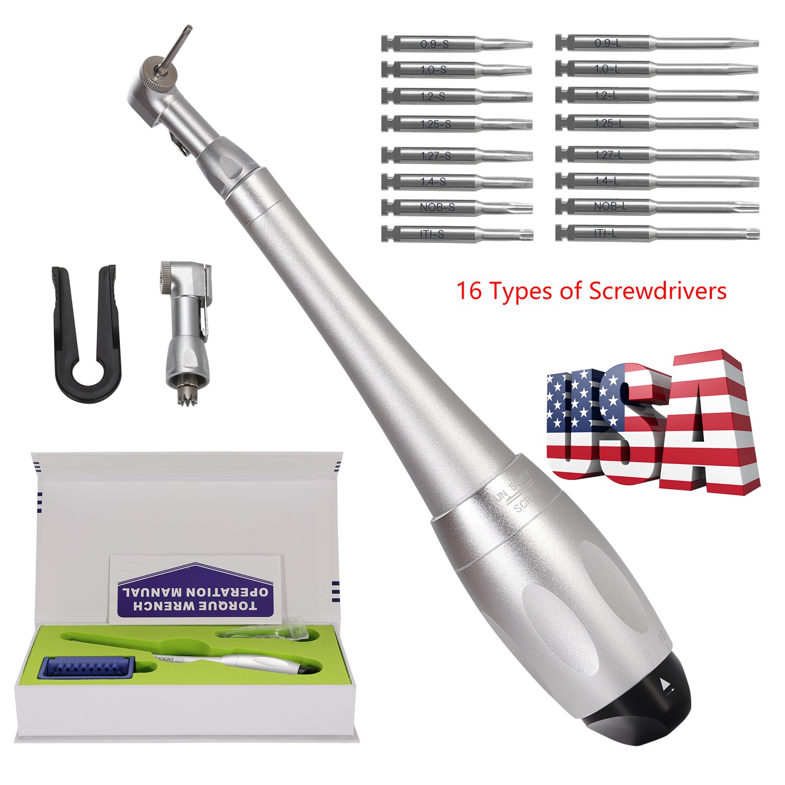 Dental Torque Wrench Universal Implant Kit Wrench Contra Angle & 16 Drivers