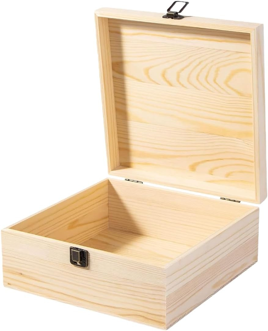 Unfinished Wooden Box Hinged Lid 9X9X3.9 Inch Unpainted Chest | Natural Pine Woo
