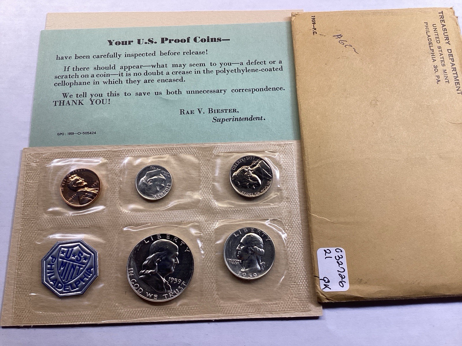 1959 US Mint Silver Proof Set in Flat Pack with 5 Coins and OGP 032726 21qk