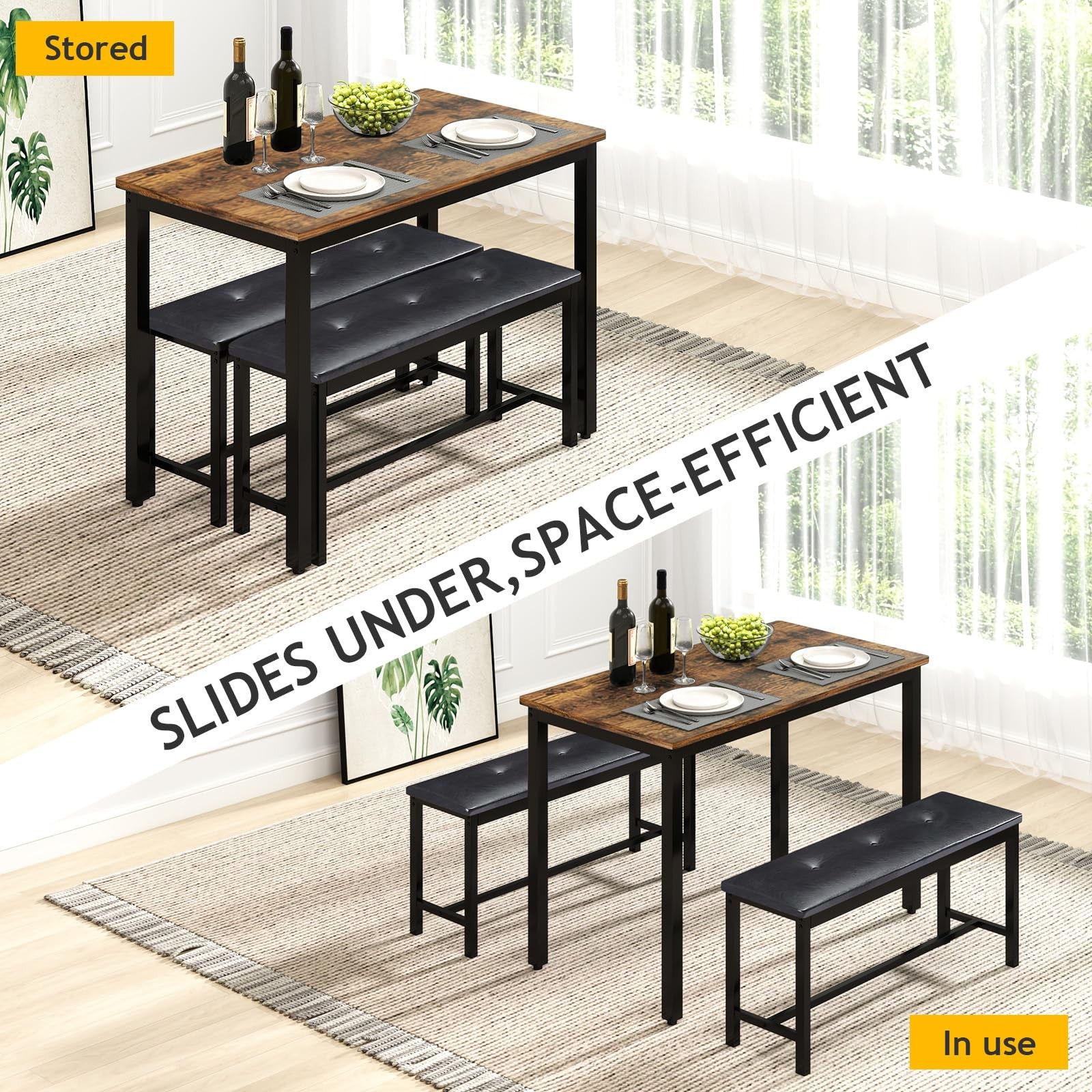 Dining Room Table Bench Set for 4, Modern Space Saving Kitchen Table with wit...