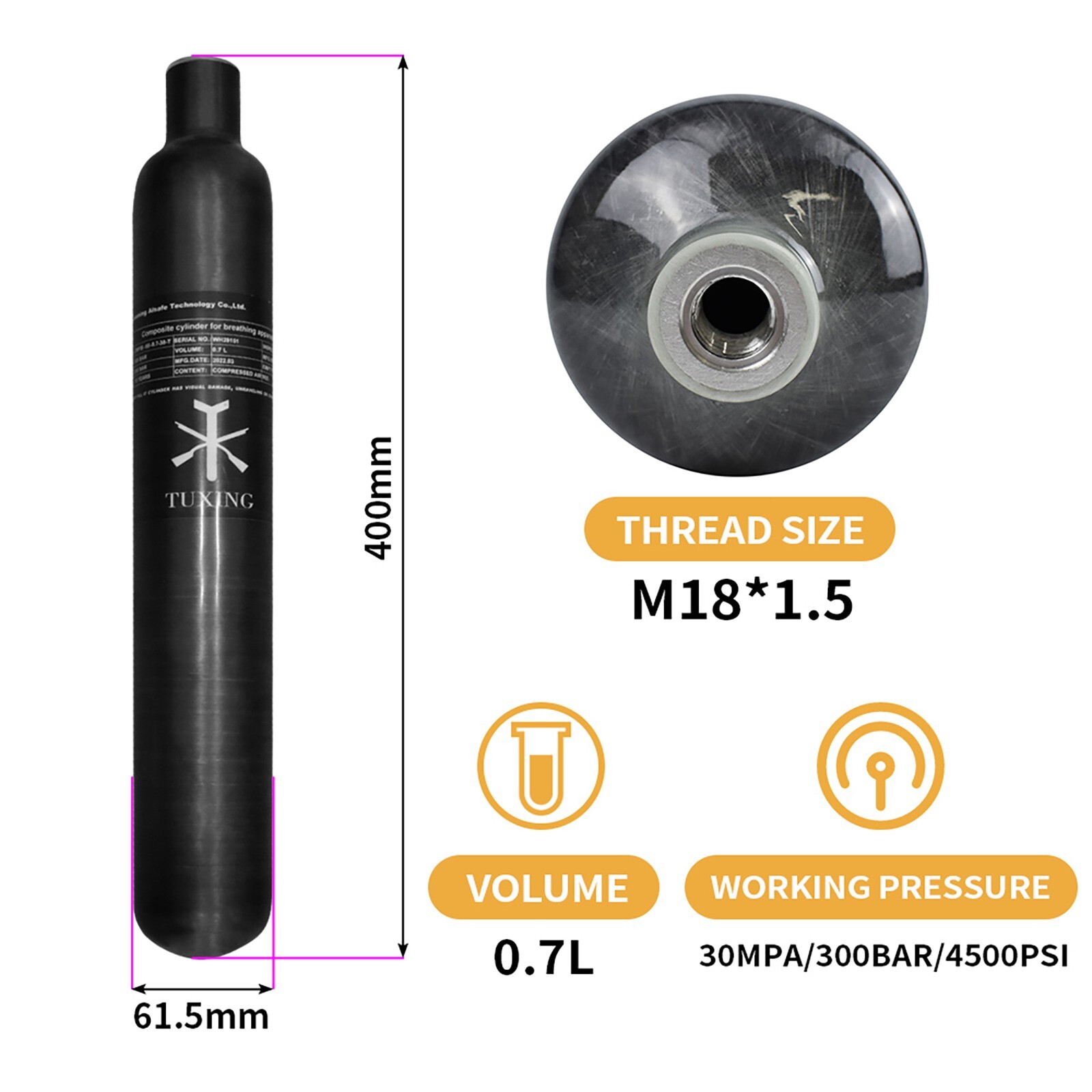 TUXING 4500PSI Carbon Fiber Air Tank 0.7L High Pressure HPA Gas Cylinder