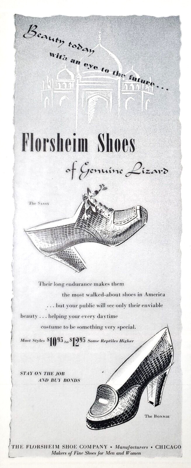 PRINT AD Florsheim Shoes 1943 Sassy Bonnie Genuine Lizard Buy War Bonds 5x13