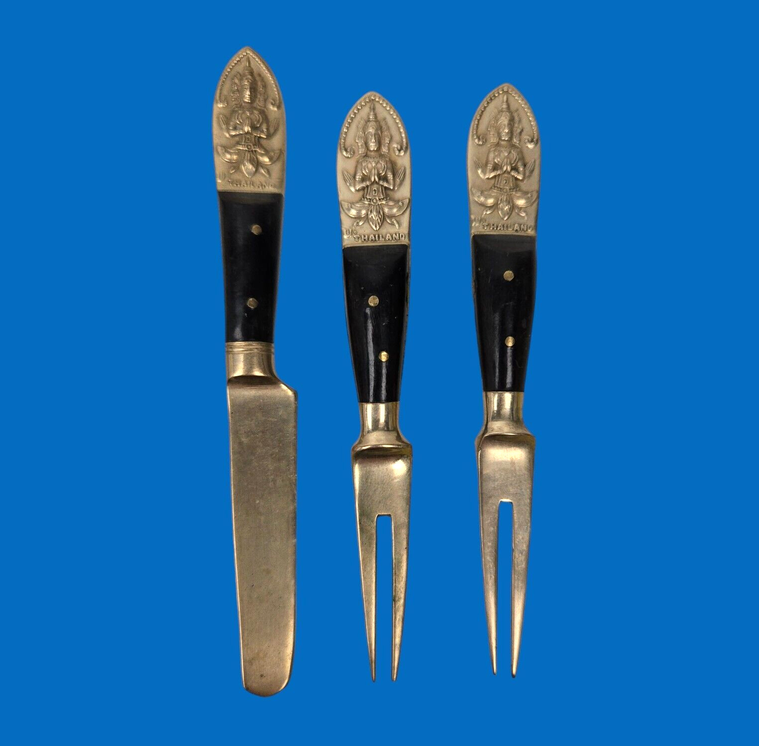 Vintage Cocktail Fork & Mini Spreader Buddha Bronze Brass Rosewood Siam Thailand