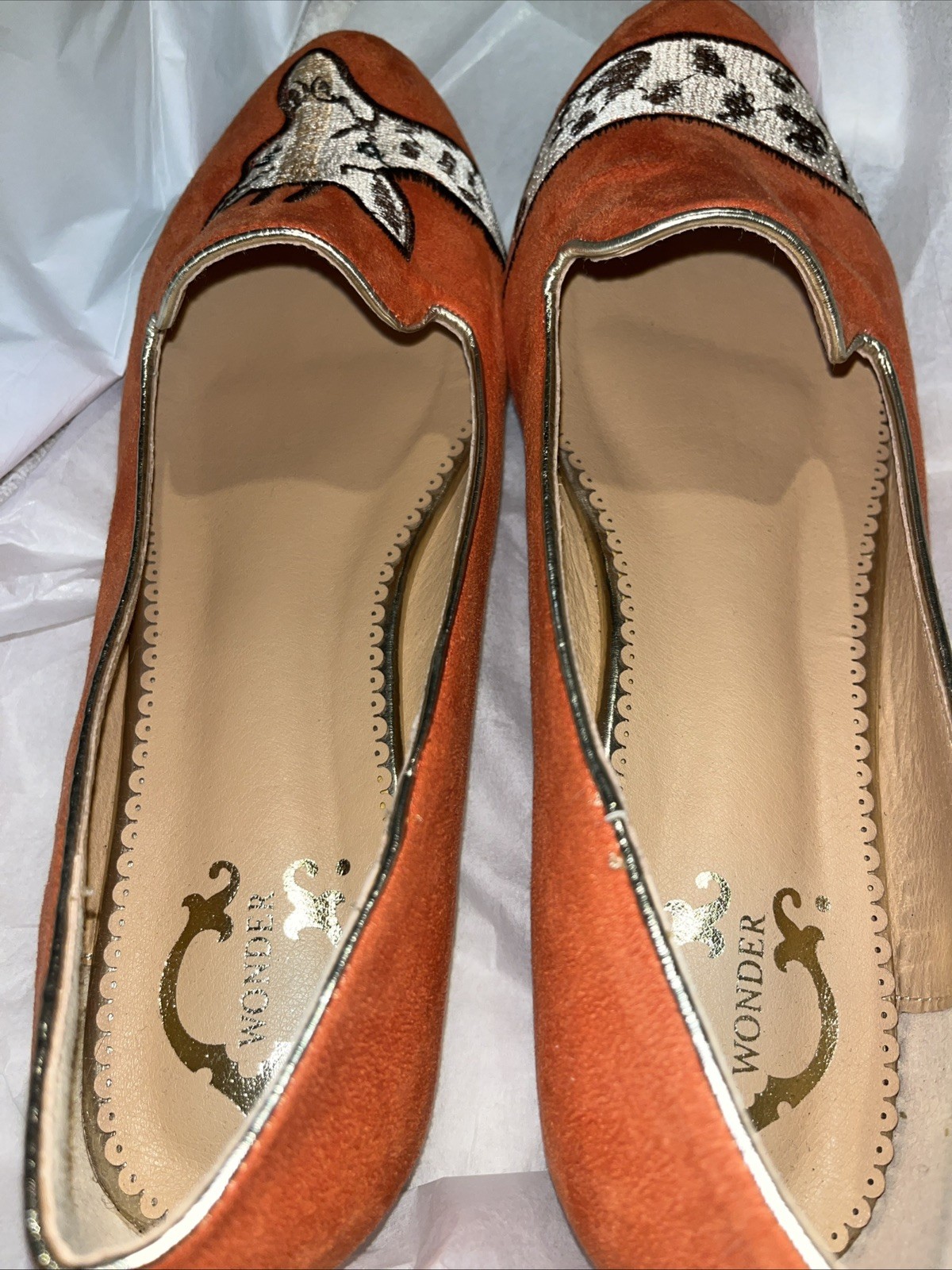 C Wonder Orange Embroidered Giraffe Flats Slip On Shoes Sz 7.5