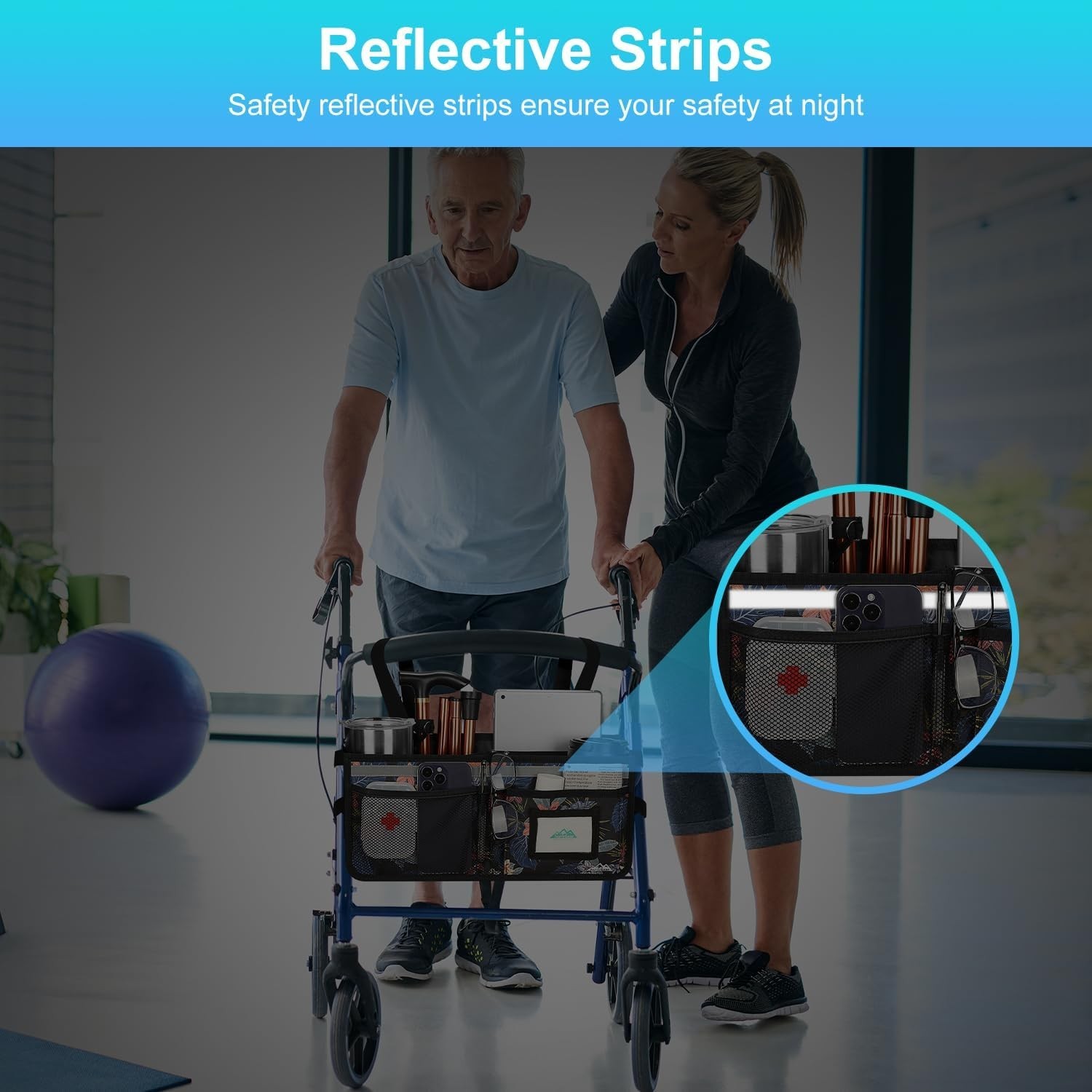Rollator Basket, Rollator Walker Bag w/Cup Holder, Foldable Rolling Walker Wa...