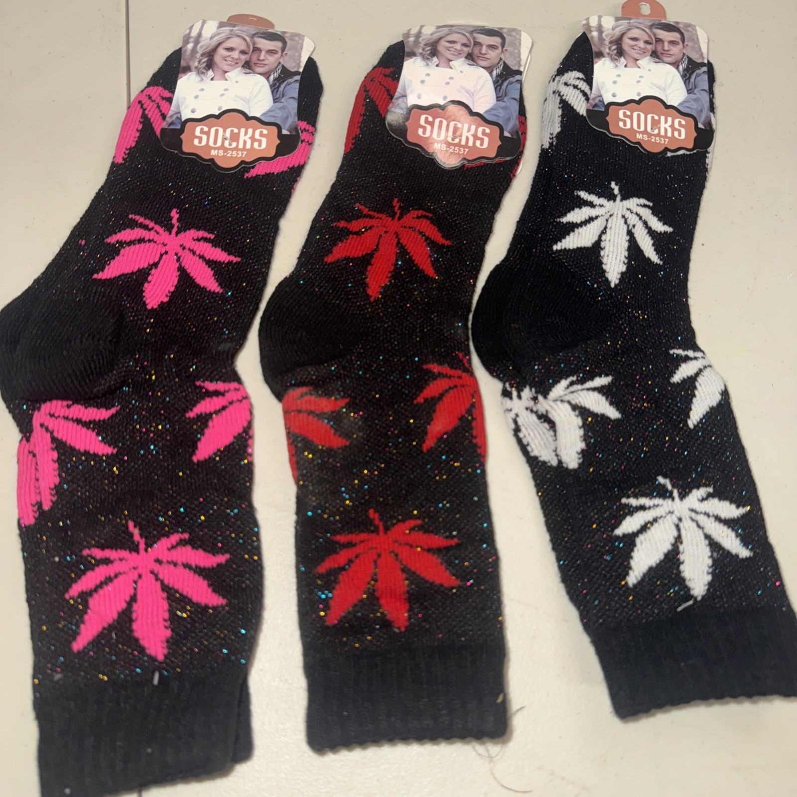 Lot Of 3 Pair Unisex Pair of Black with Marijuana Weed Leaves Knee High Socks