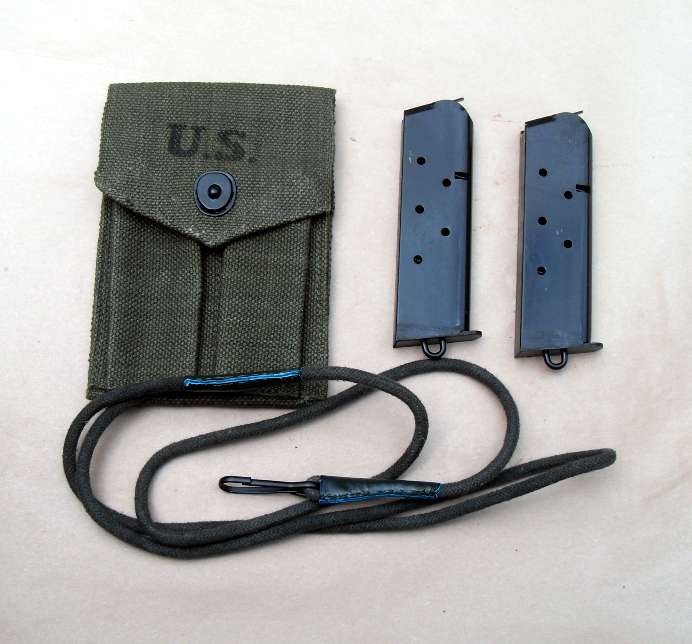 Mag Pouch & (2) 1911 45 acp Magazines w Lanyard Loop & Lanyard WWII WW1