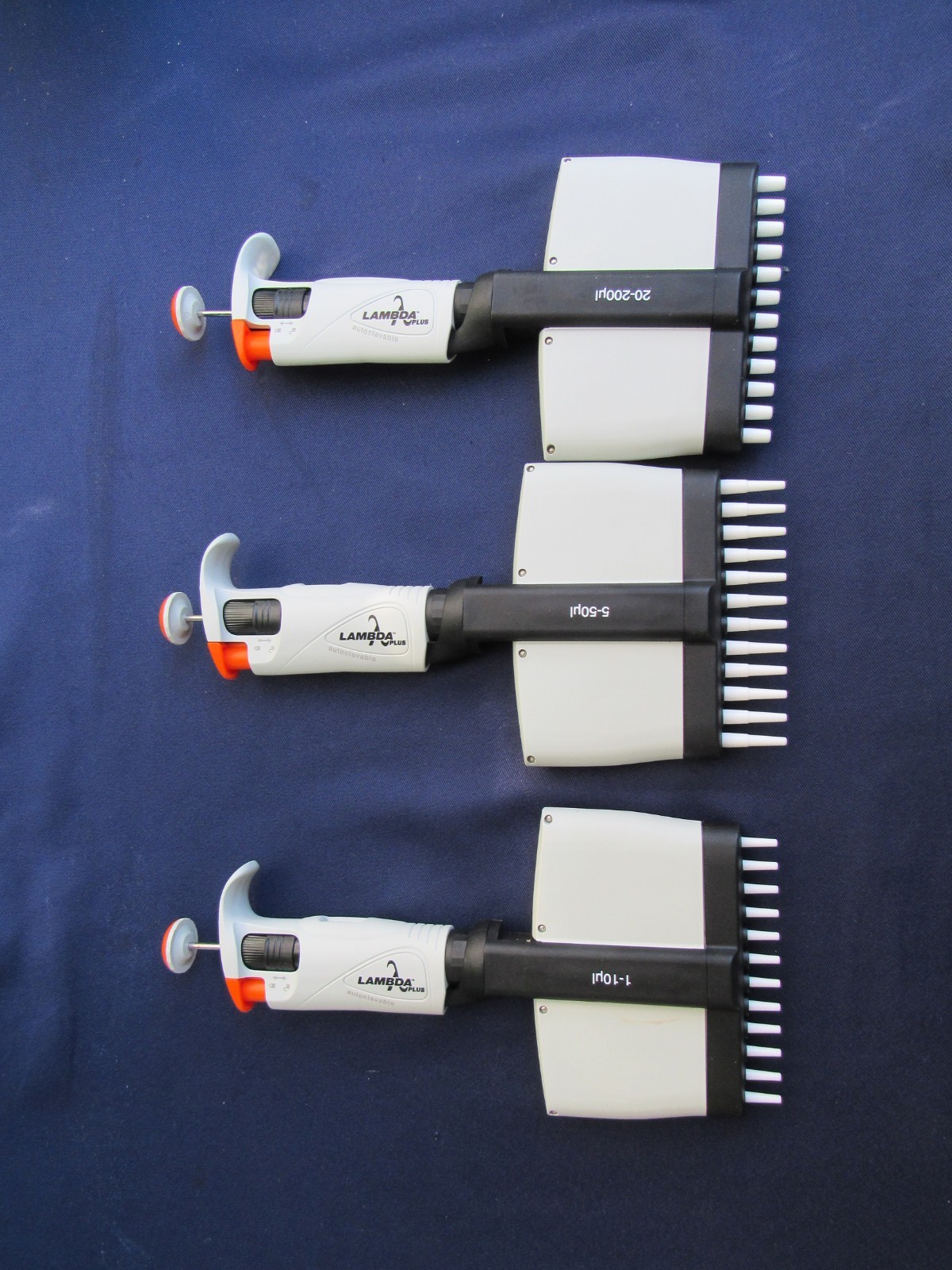 SET OF 3 Corning Lambda Plus 12 channel Pipettes 1-10uL, 5-50uL, 20-200uL