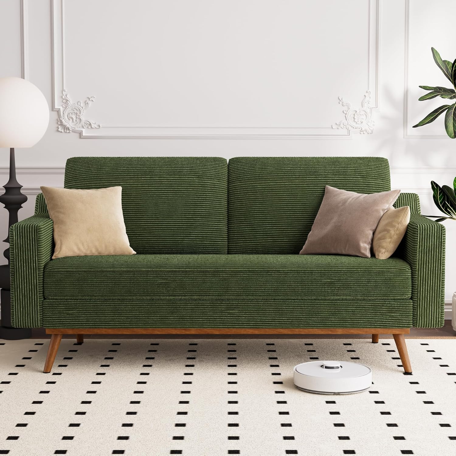 Vipbear 65.4" Loveseat Sofa Green Corduroy Couch, Mid-Century Modern Small Couch