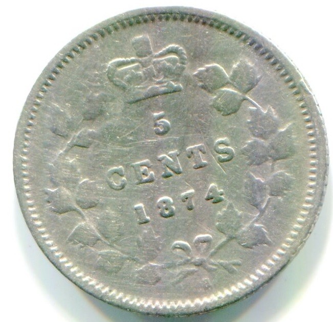 1874-H Canada Silver Five Cent  / 5 Cent !!  Plain 4 !!