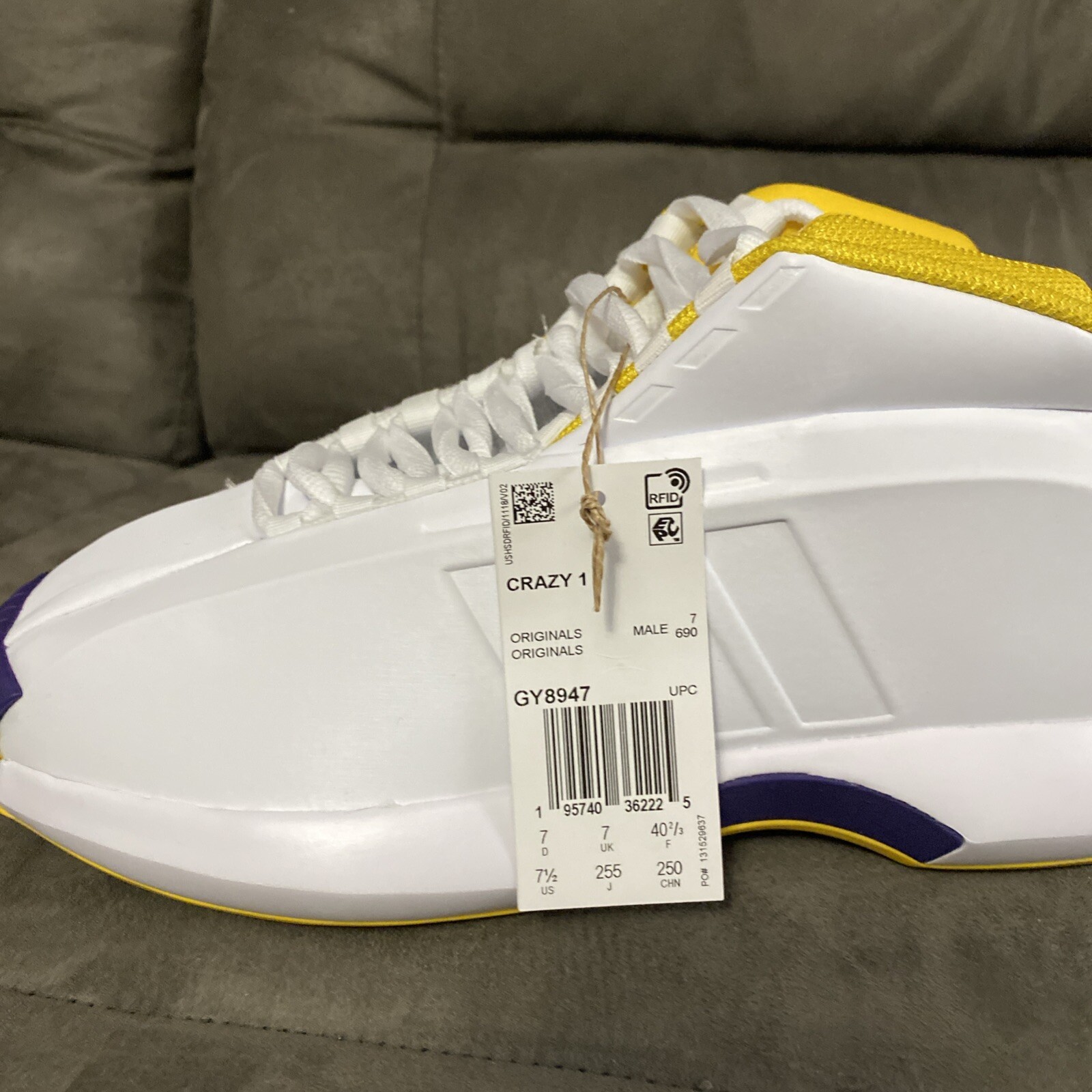NWT adidas Originals Crazy 1 Koby Lakers GY8947 White Yellow Purple Men Size 7.5