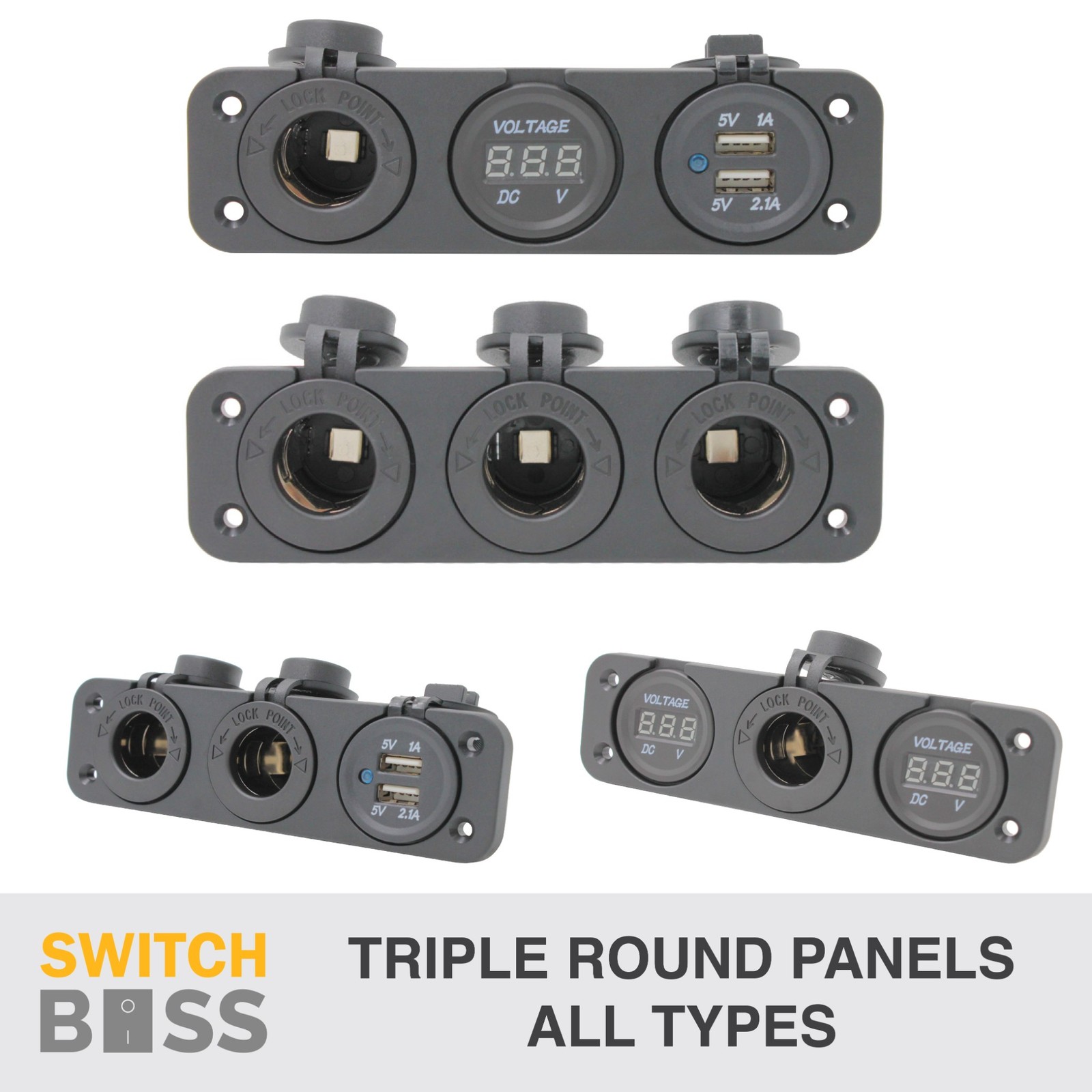 Triple ROUND PANEL UNITS 3 Gang 12v Cig Dual USB Power LED Volt Meter Gauge