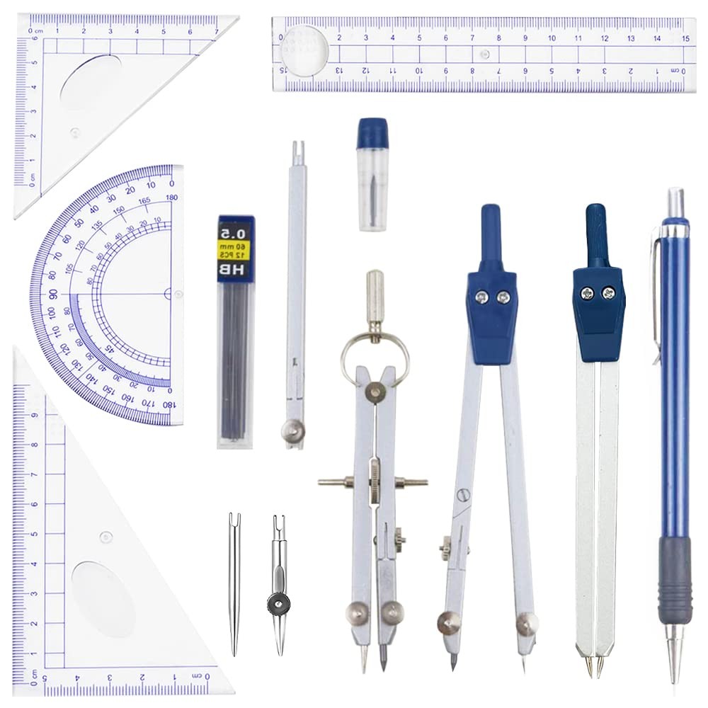 13 PCS Geometry Compass Math Precision Tools Protractor Set With Case