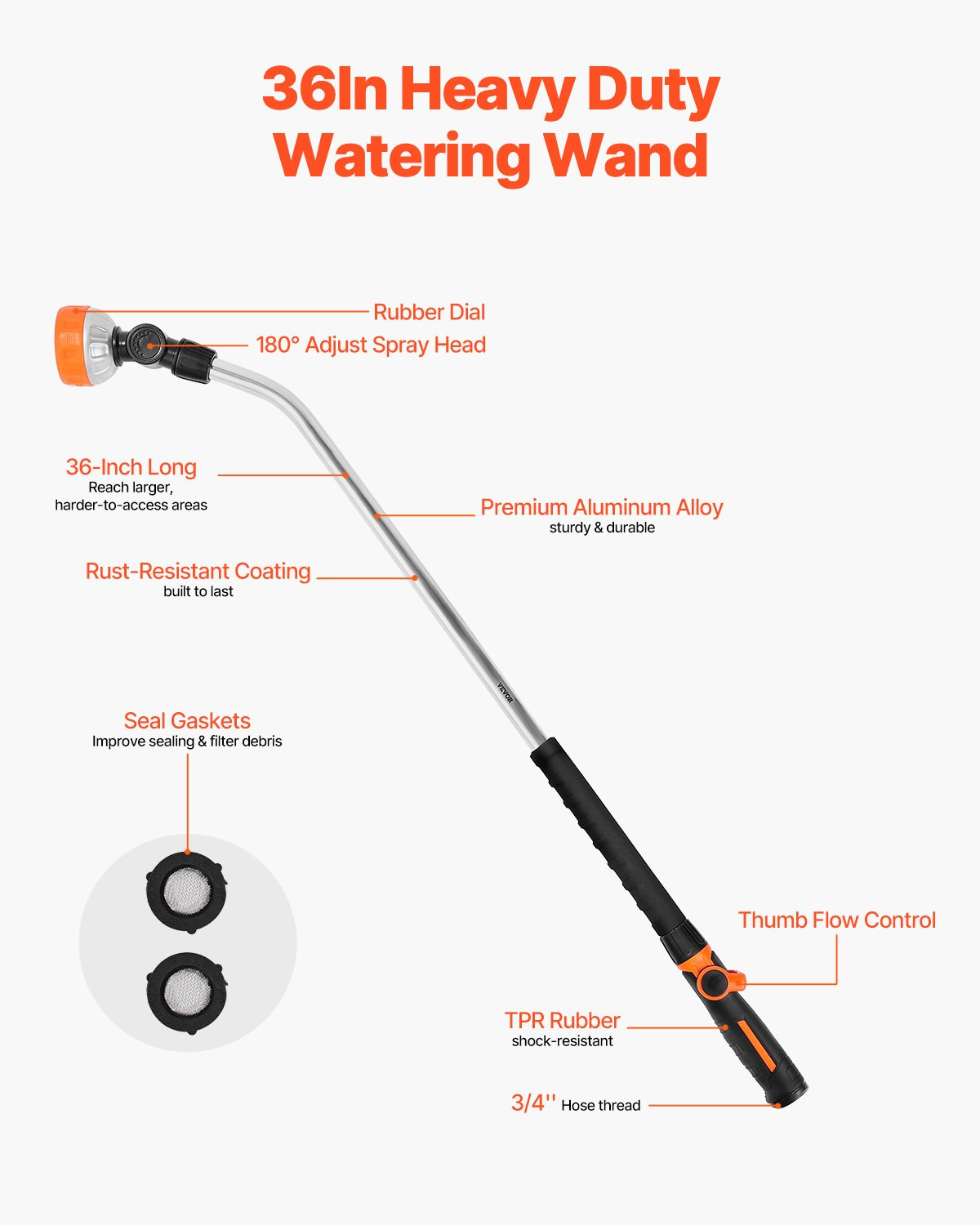 VEVOR Watering Wand, 36-Inch Extra Long Heavy Duty Garden Hose Wand with 8 Spray