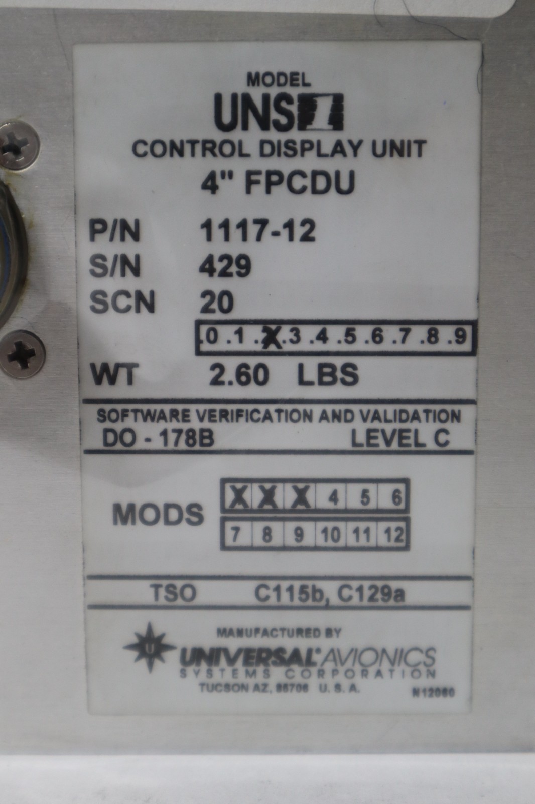 Universal Avionics UNS1 Control Display Unit 4" FPCDU 1117-12