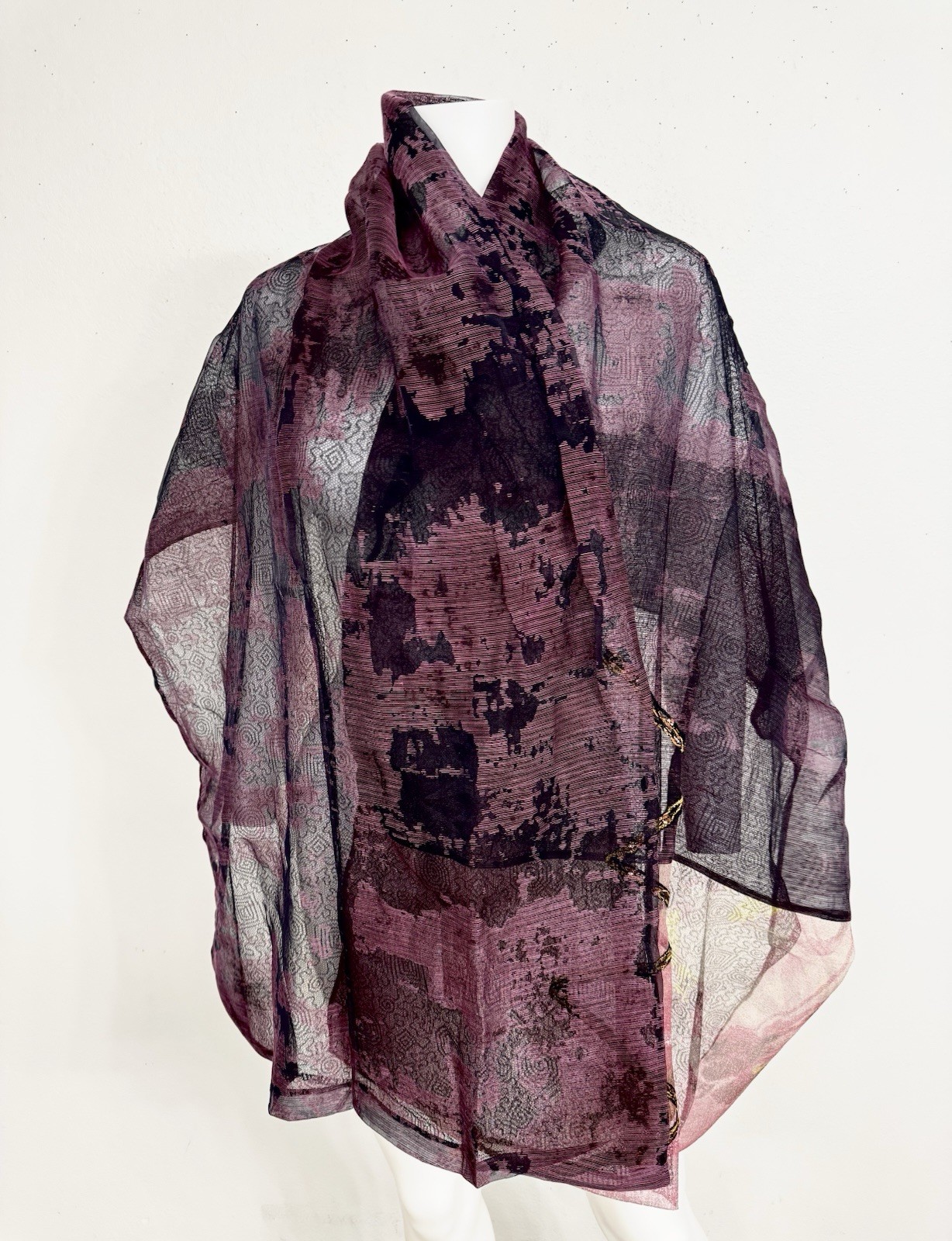 Christian Lacroix Vint. Black Chantilly Lace W Plum Silk Scarf Shawl 30” x 80”