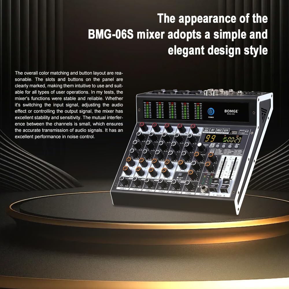 6Channel Audio Mixer with 99 DSP Effects, Bluetooth, USB, and Phantom Power